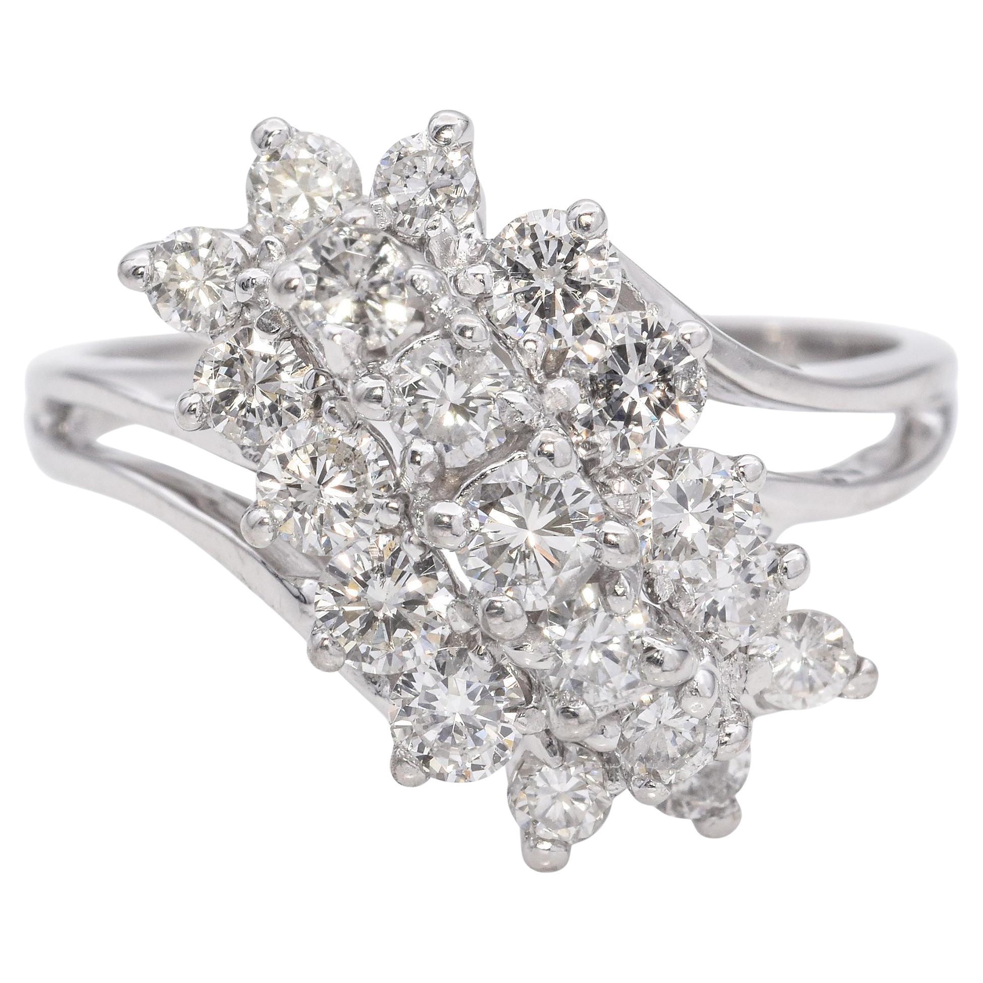 Vintage 14K White Gold 1.02 TCW Diamond Waterfall Cluster Ring