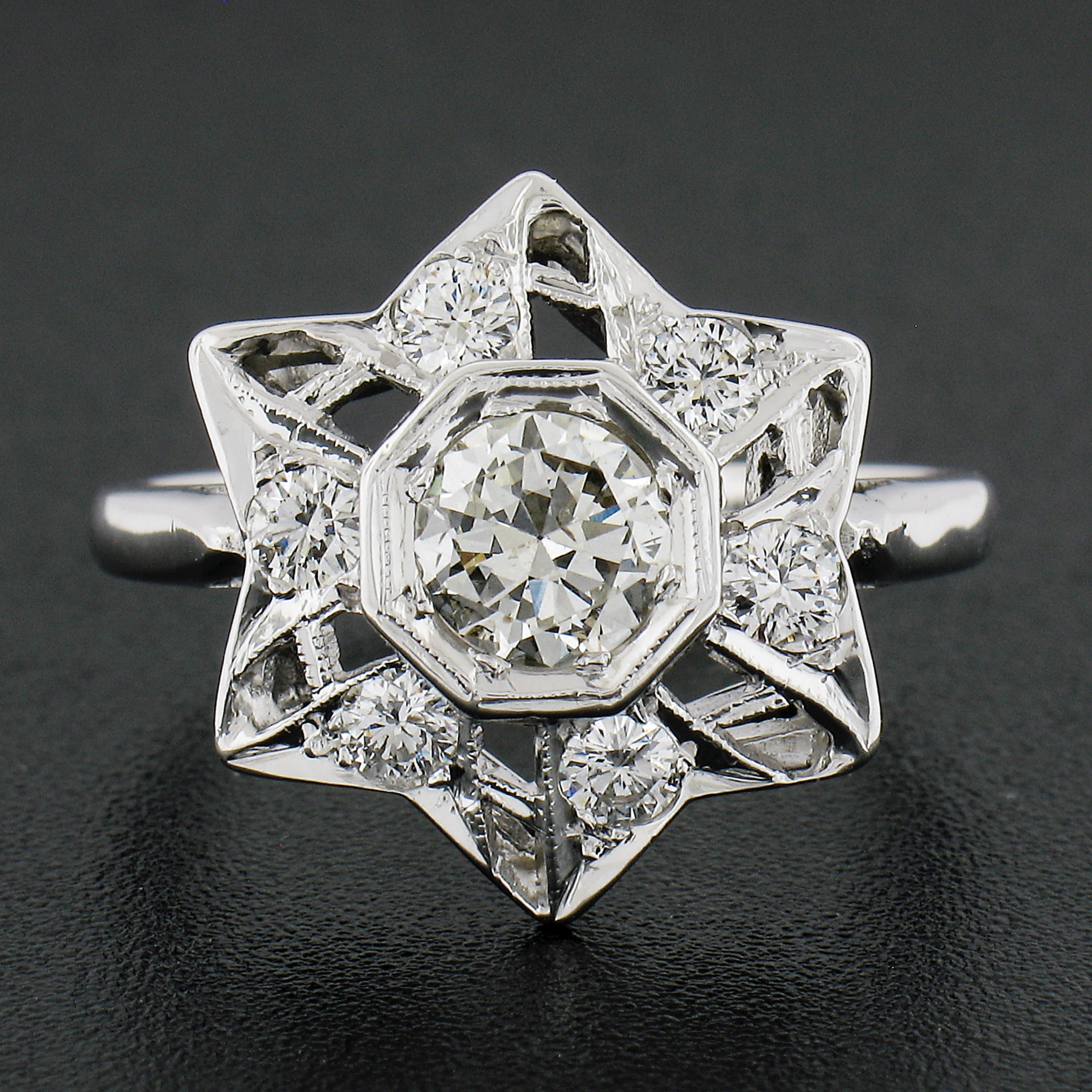 Round Cut Vintage 14k White Gold 1.12ctw Diamond Polished Open Work Large Star Ring For Sale