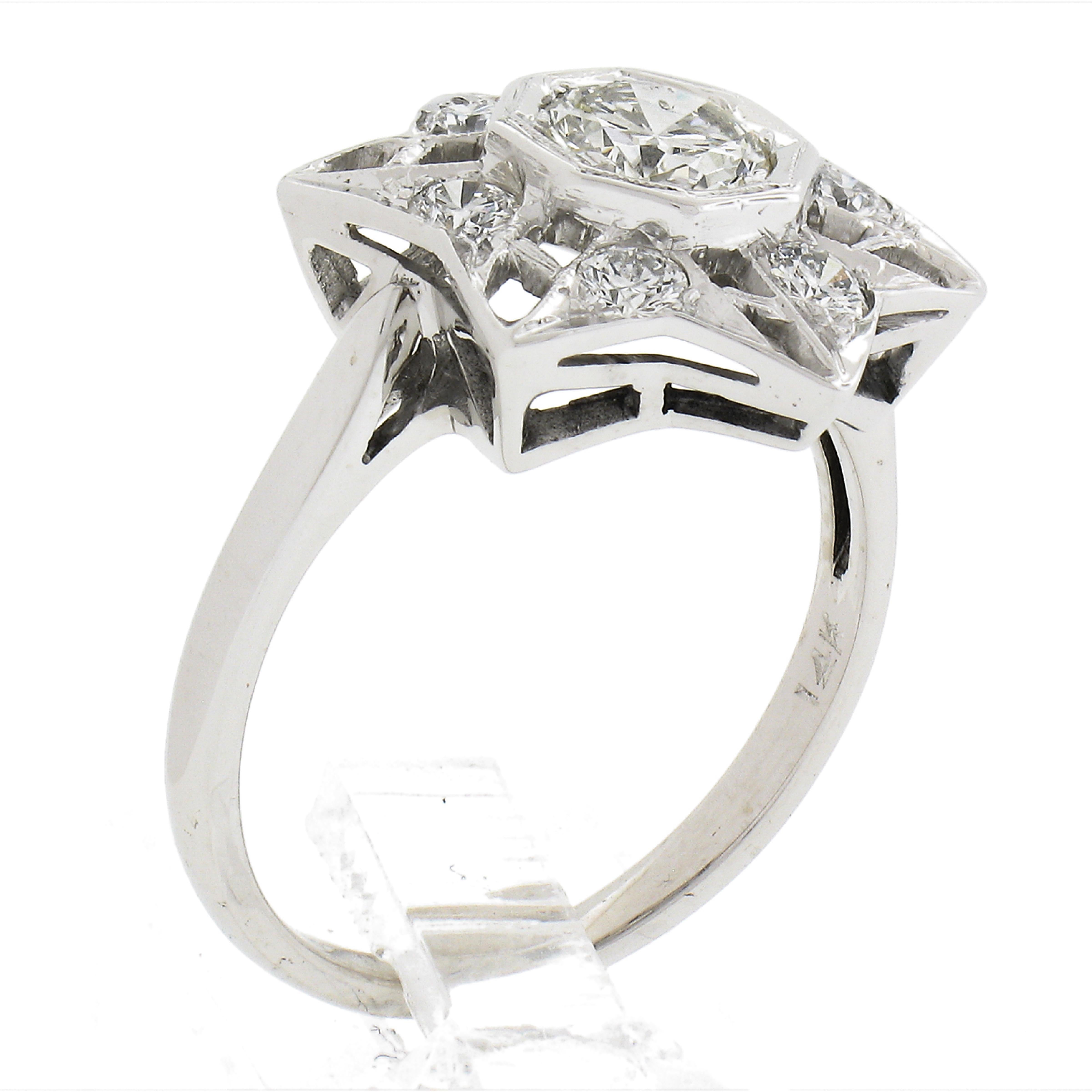 Vintage 14k White Gold 1.12ctw Diamond Polished Open Work Large Star Ring For Sale 4