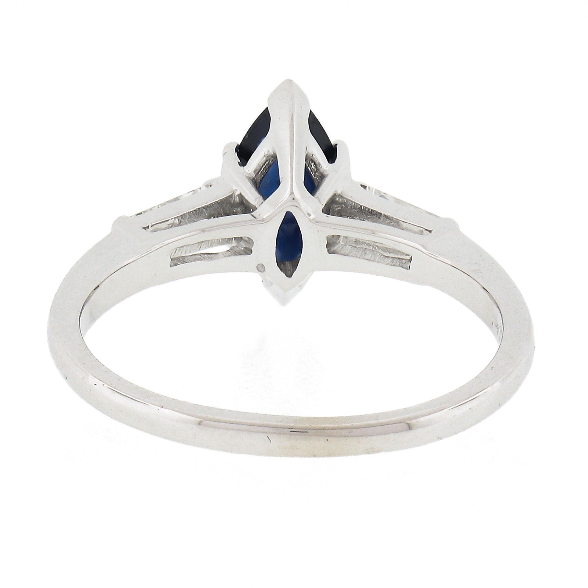 Vintage 14k White Gold 1.15ctw Marquise Sapphire & Baguette Diamond Accents Ring For Sale 1