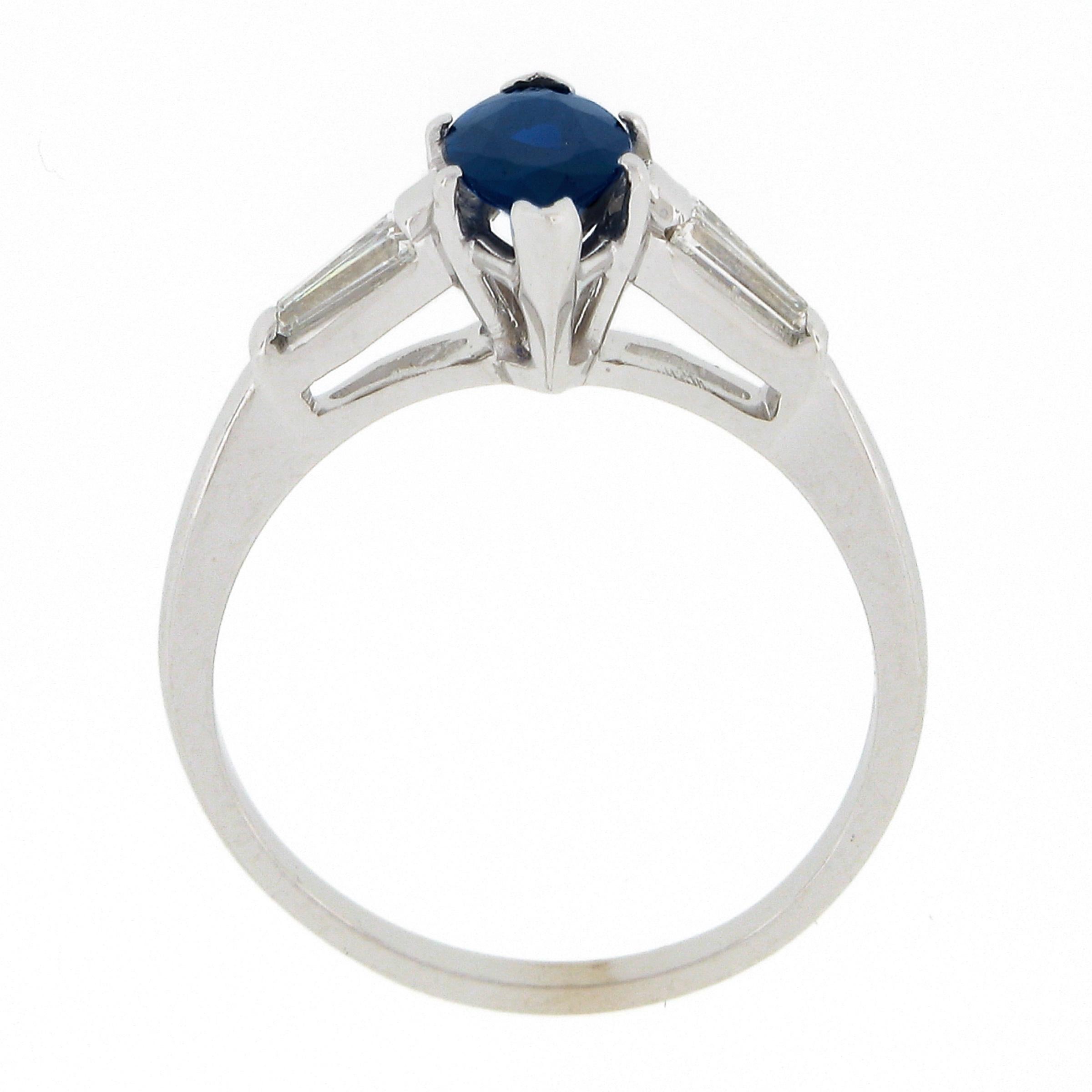 Vintage 14k White Gold 1.15ctw Marquise Sapphire & Baguette Diamond Accents Ring For Sale 2