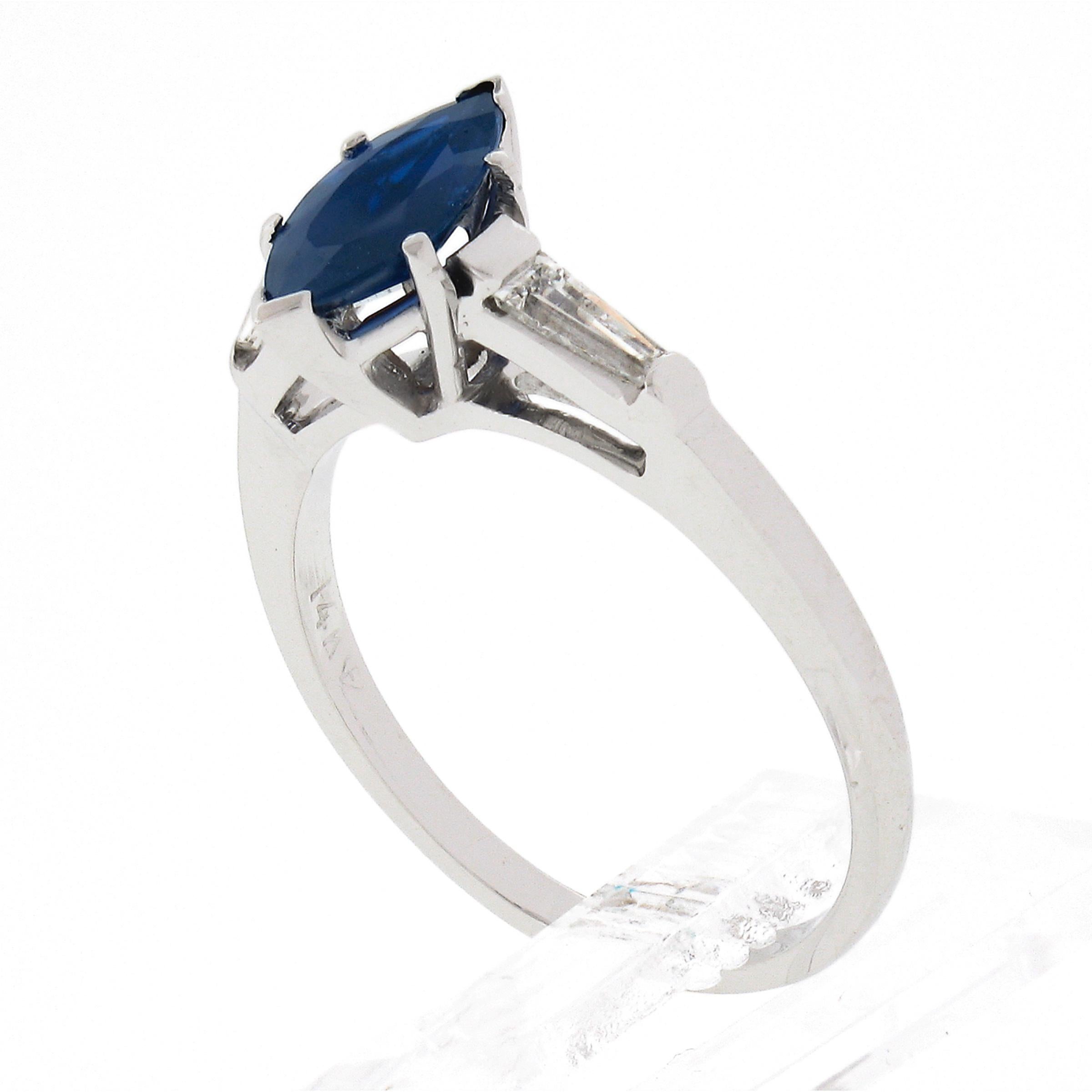 Vintage 14k White Gold 1.15ctw Marquise Sapphire & Baguette Diamond Accents Ring For Sale 3