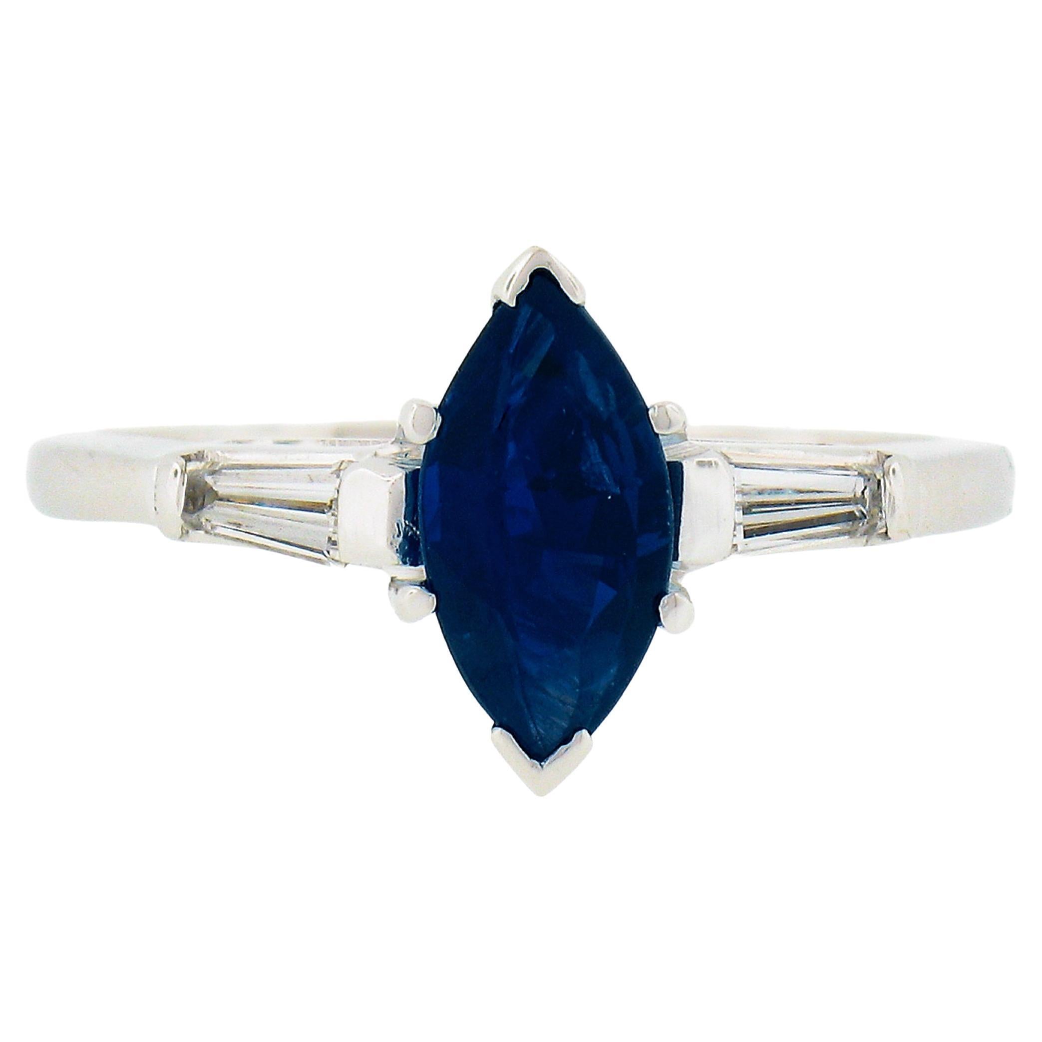 Vintage 14k White Gold 1.15ctw Marquise Sapphire & Baguette Diamond Accents Ring For Sale