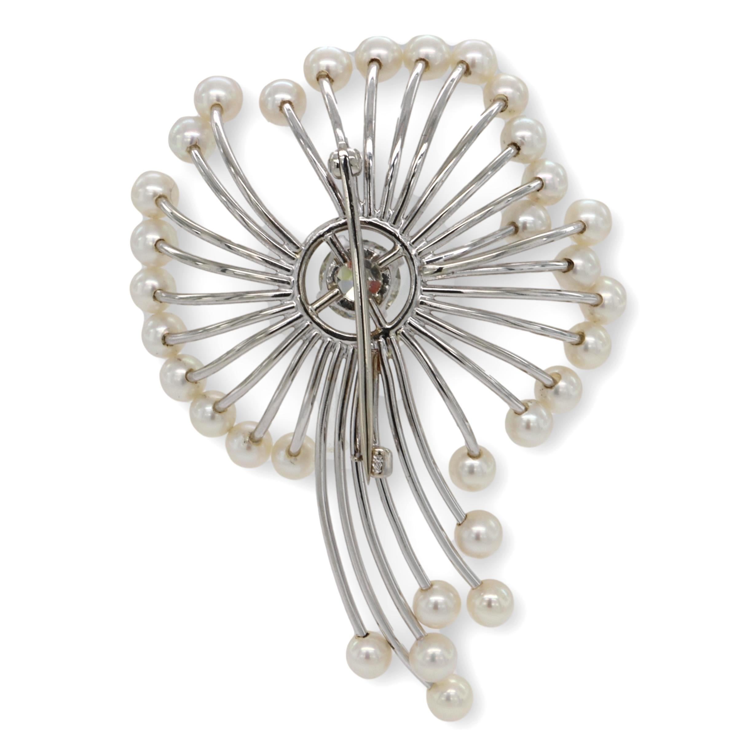Retro Vintage 14K White Gold 1.25ct. Old-European Diamond Akoya Seed Pearl Brooch/Pin For Sale