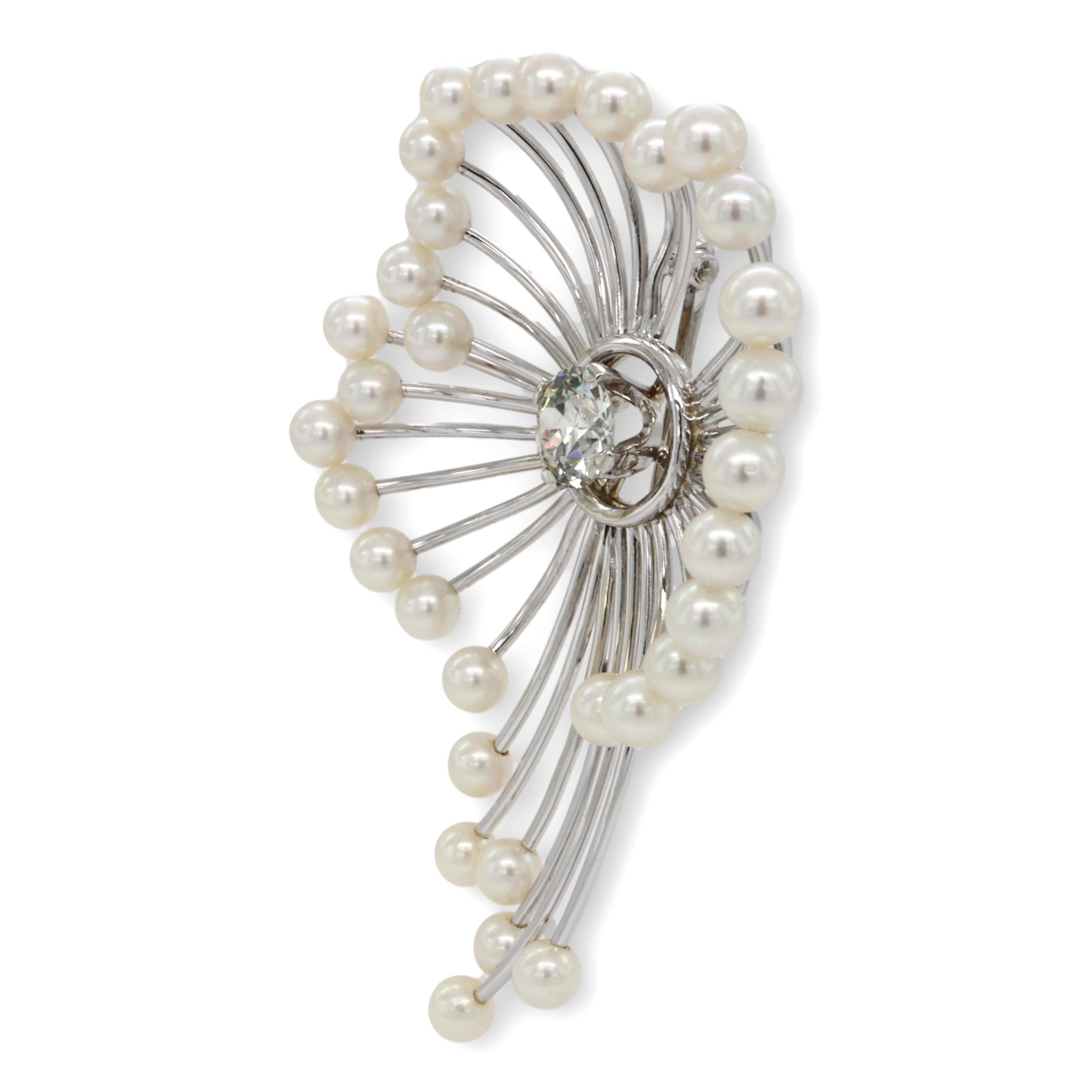 Old European Cut Vintage 14K White Gold 1.25ct. Old-European Diamond Akoya Seed Pearl Brooch/Pin For Sale