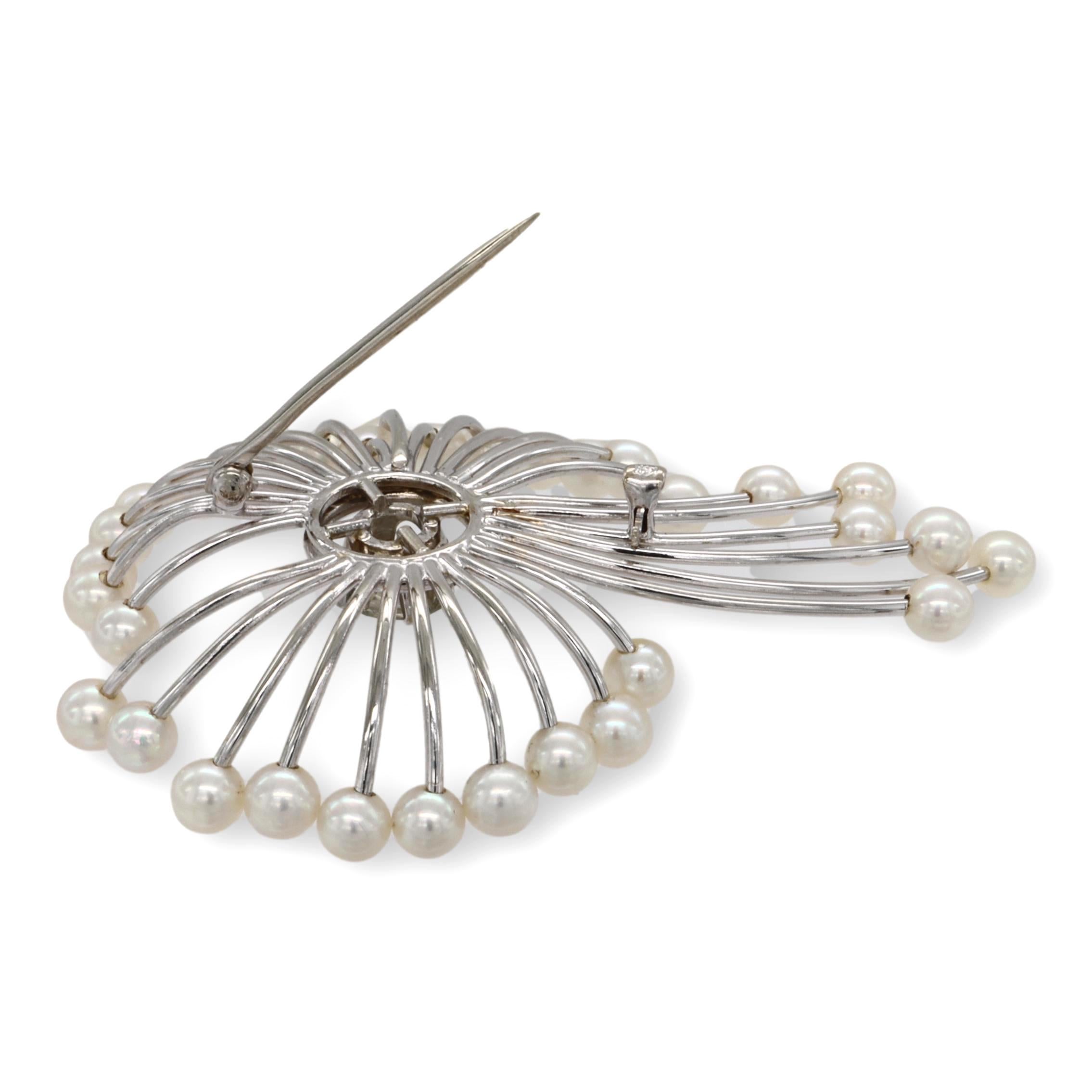 Vintage 14K White Gold 1.25ct. Old-European Diamond Akoya Seed Pearl Brooch/Pin In Excellent Condition For Sale In New York, NY