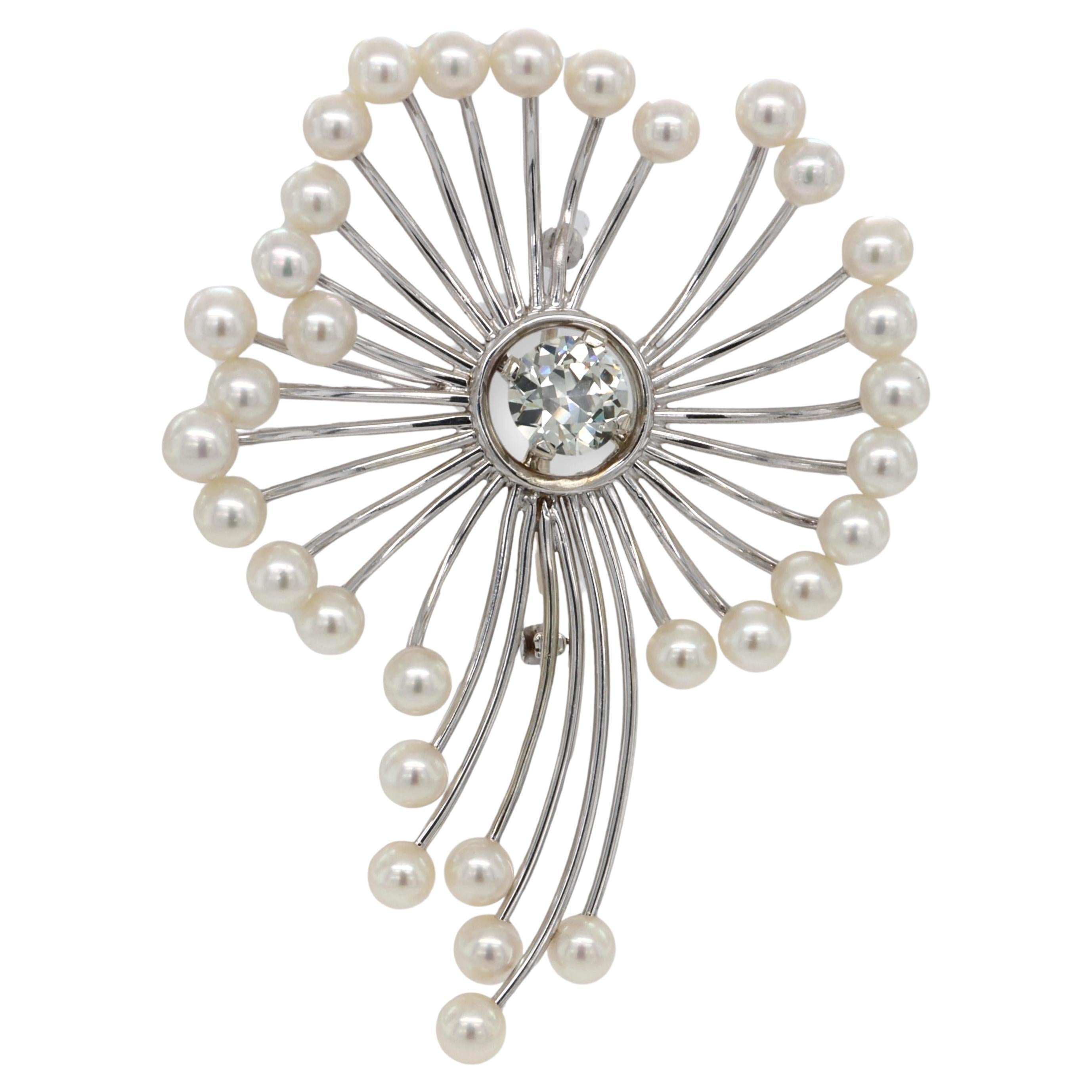 Vintage 14K White Gold 1.25ct. Old-European Diamond Akoya Seed Pearl Brooch/Pin