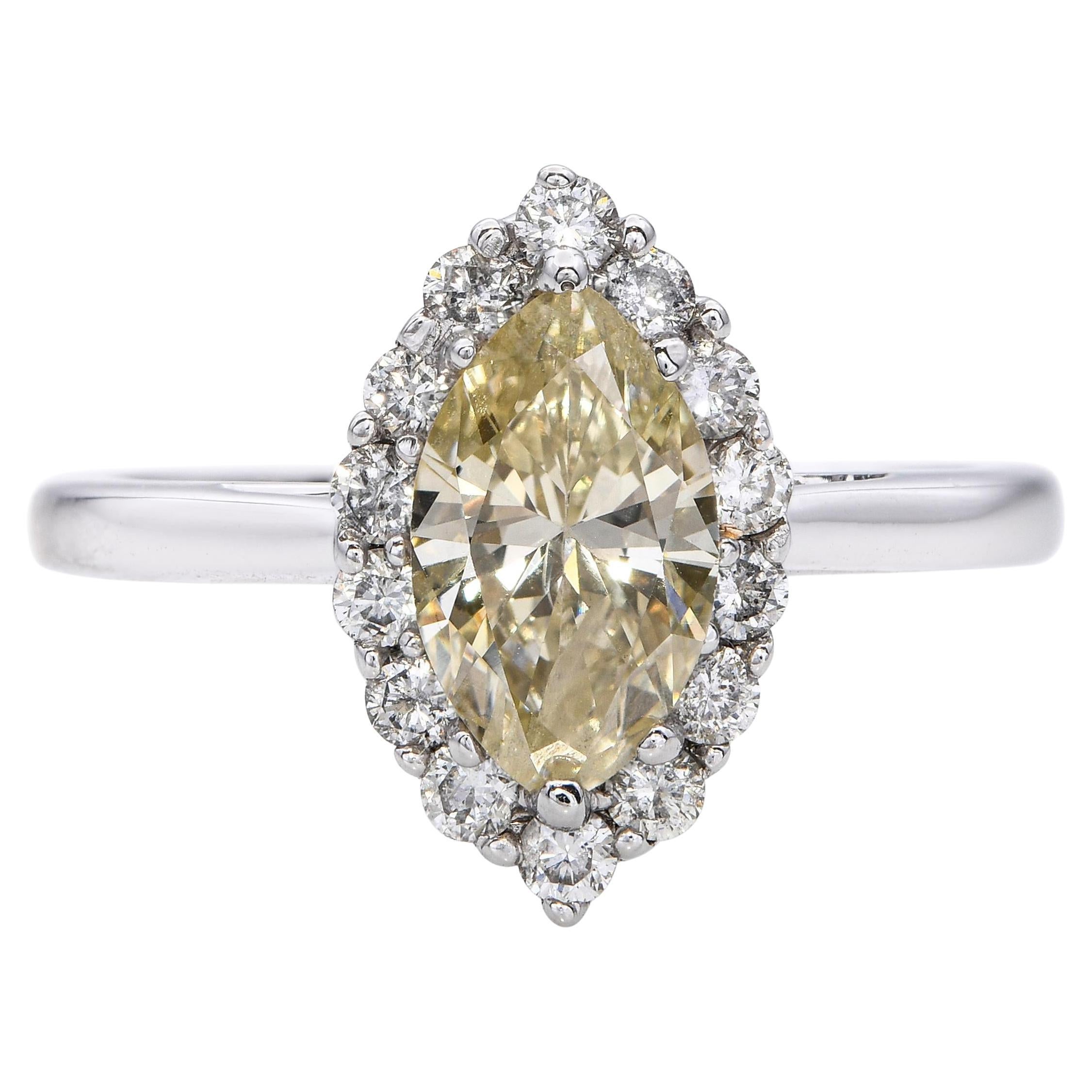 Anello vintage in oro bianco 14k da 1,29tcw con diamanti marquise di colore giallo brunastro