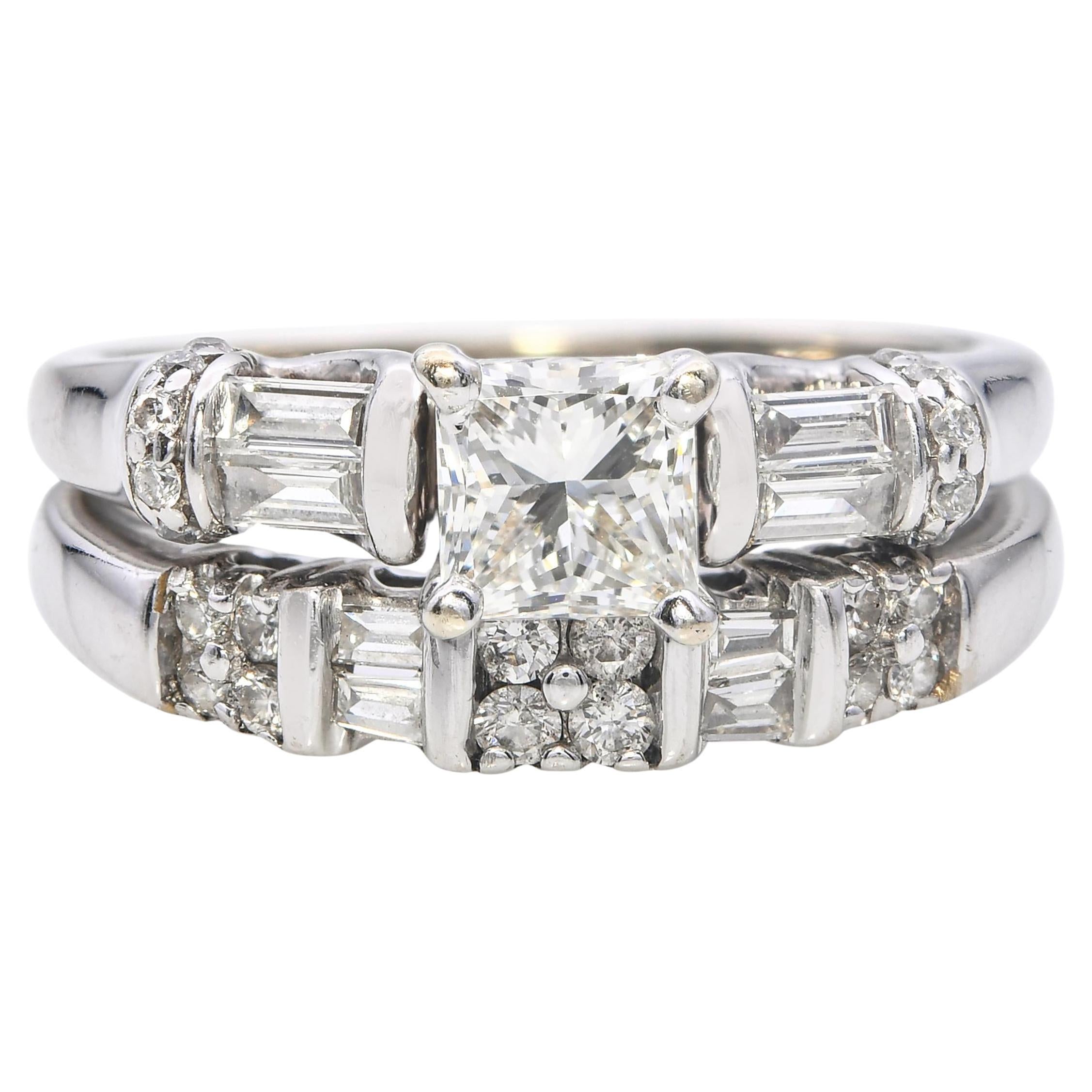 Vintage 14k White Gold 1.32tcw Diamond Engagement Ring Set