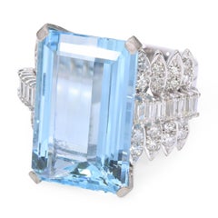 Vintage 14k White Gold 13.91ct Aquamarine and Diamond Statement Ring