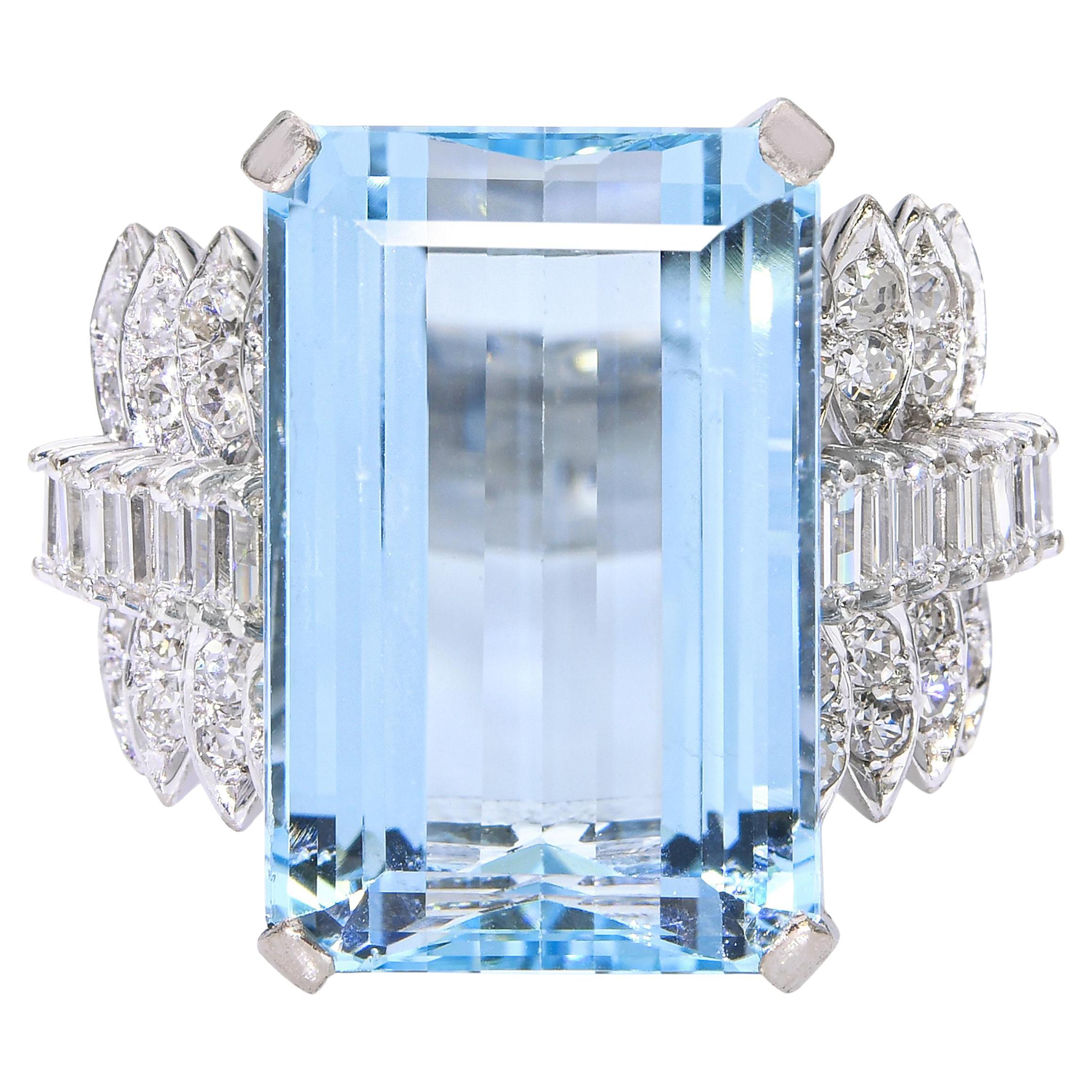 Vintage 14k White Gold 13.91ct Aquamarine and Diamond Statement Ring