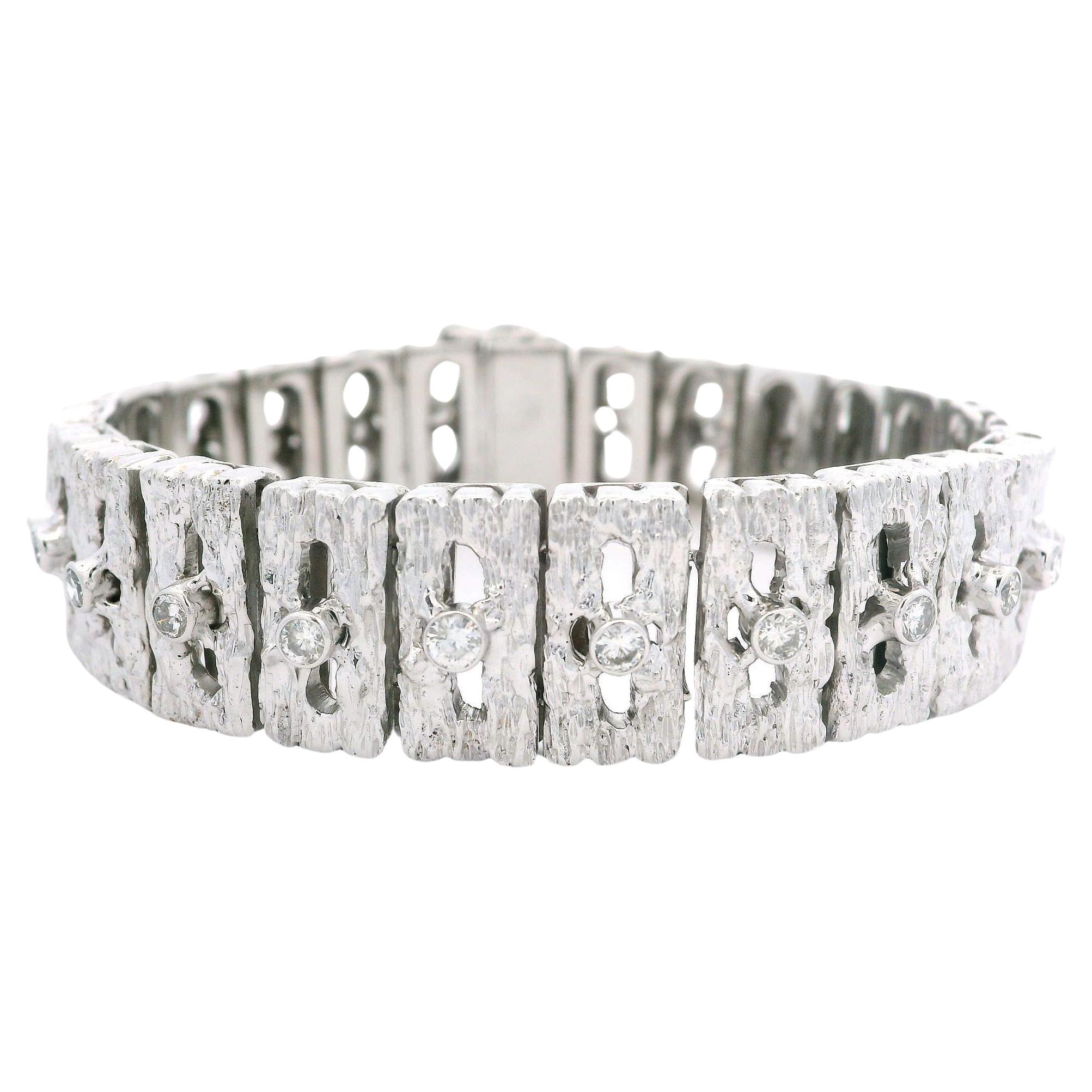 Vintage 14k White Gold 1.50ctw Bezel Diamond Bark Wide Line Strap Bracelet