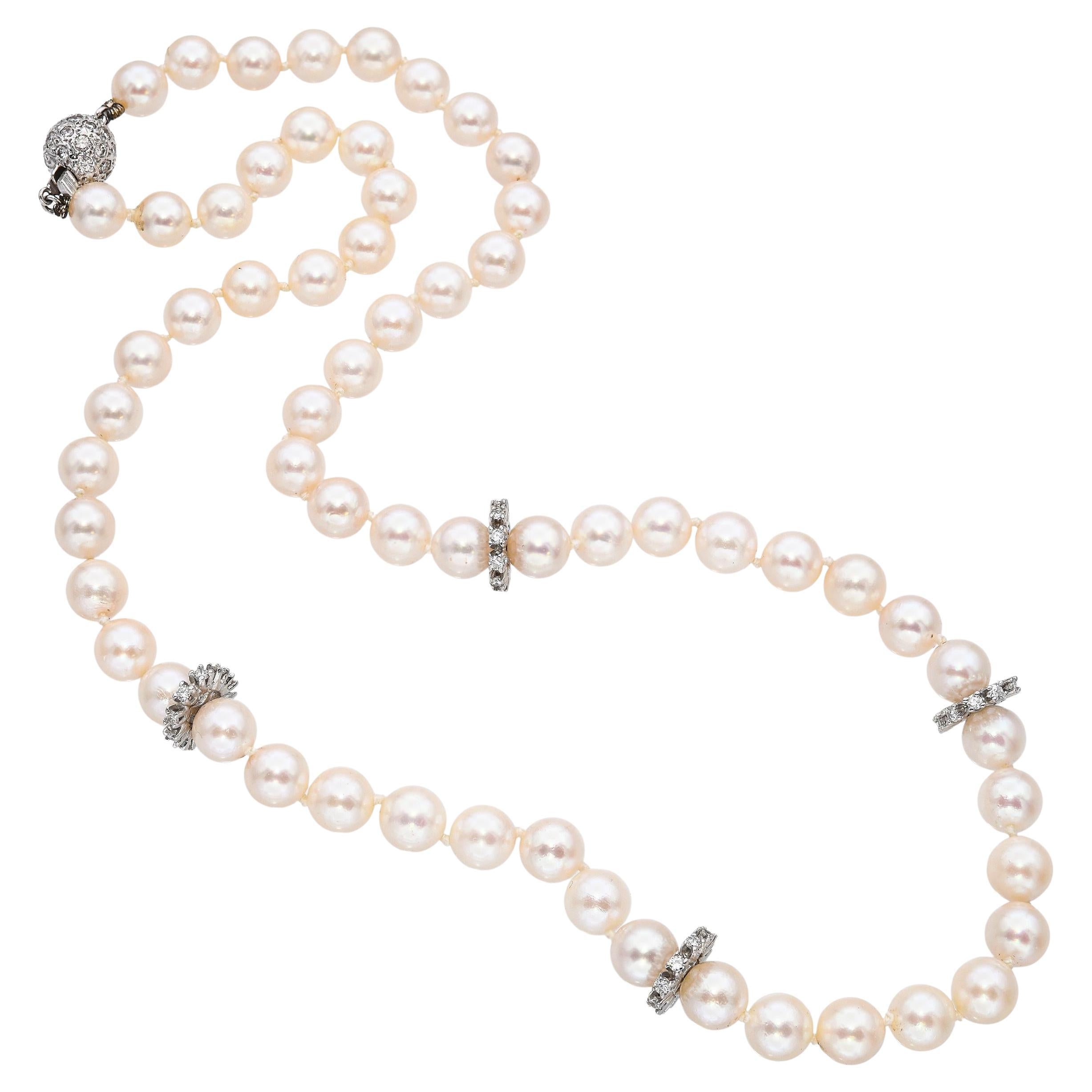 Vintage 14k Weißgold 1,50tcw Diamant Verschluss Akoya Perlen Strang Halskette