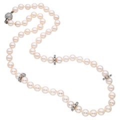 Vintage 14k White Gold 1.50tcw Diamond Clasp Pearl Akoya Strand Necklace