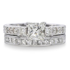 Vintage 14k White Gold 1.50tcw H Vs Diamond Engraved Engagement Ring & Band Set