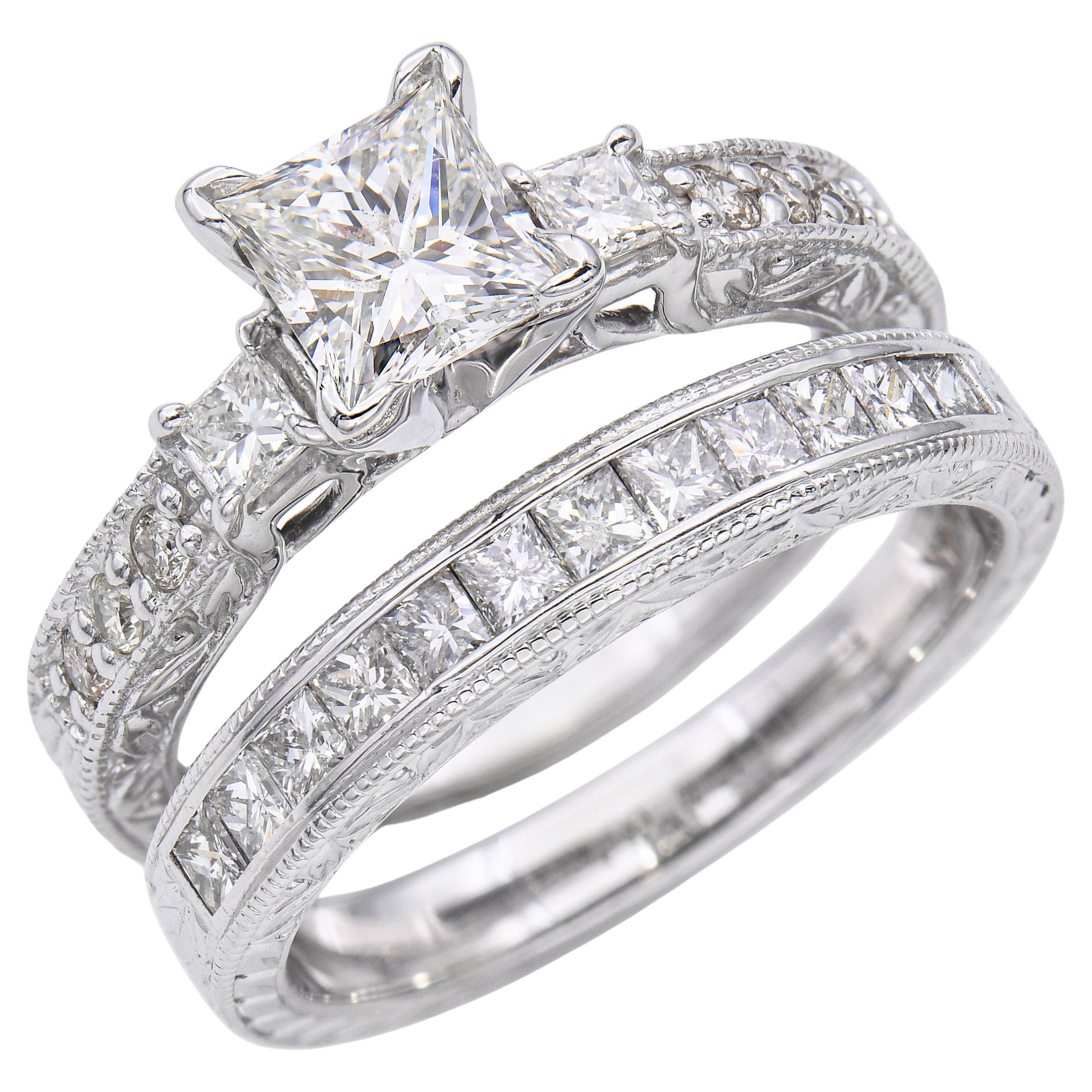 Vintage 14k White Gold 1.50tcw H Vs Diamond Engraved Engagement Ring & Band Set