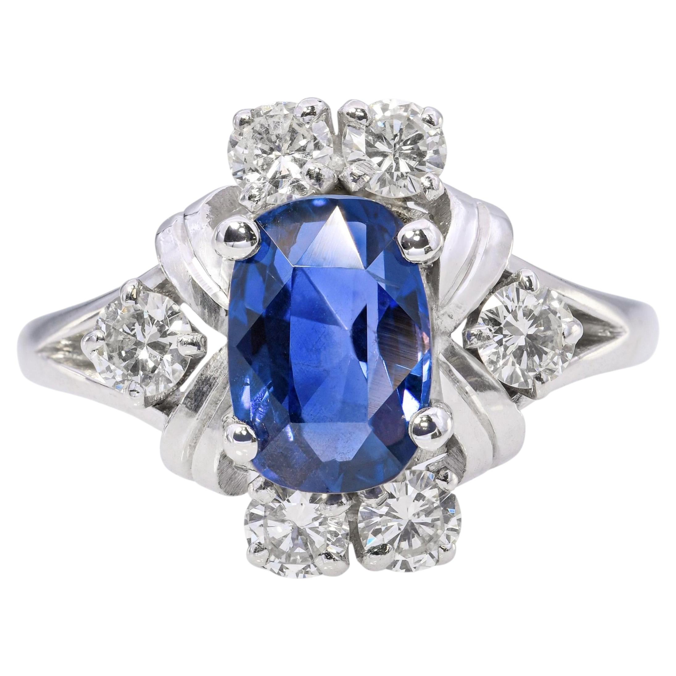 Vintage 14k White Gold 1.51ct Violet Blue Sapphire and Diamond Ring