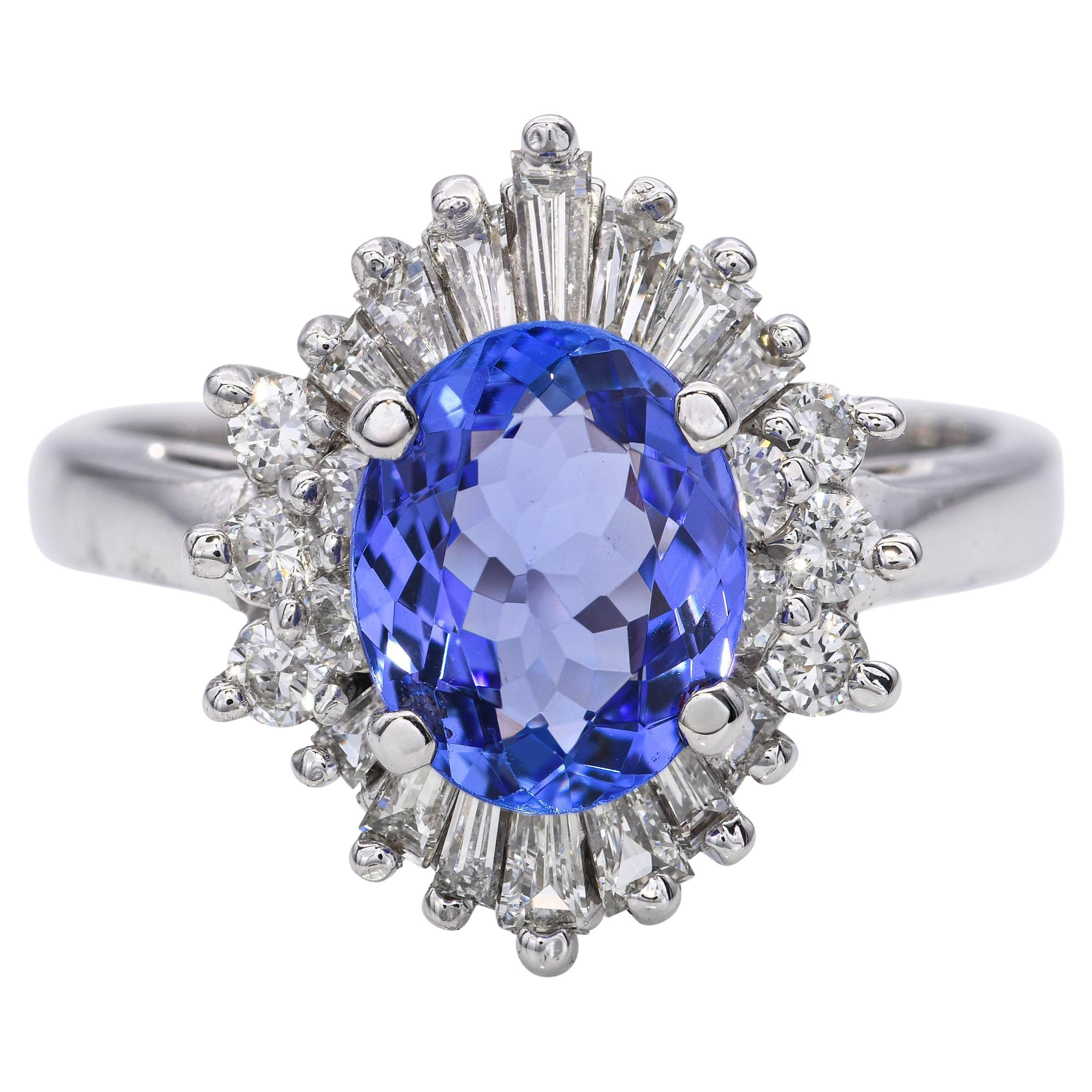 Anello vintage in oro bianco 14k con tanzanite e diamanti da 1,53 carati in vendita