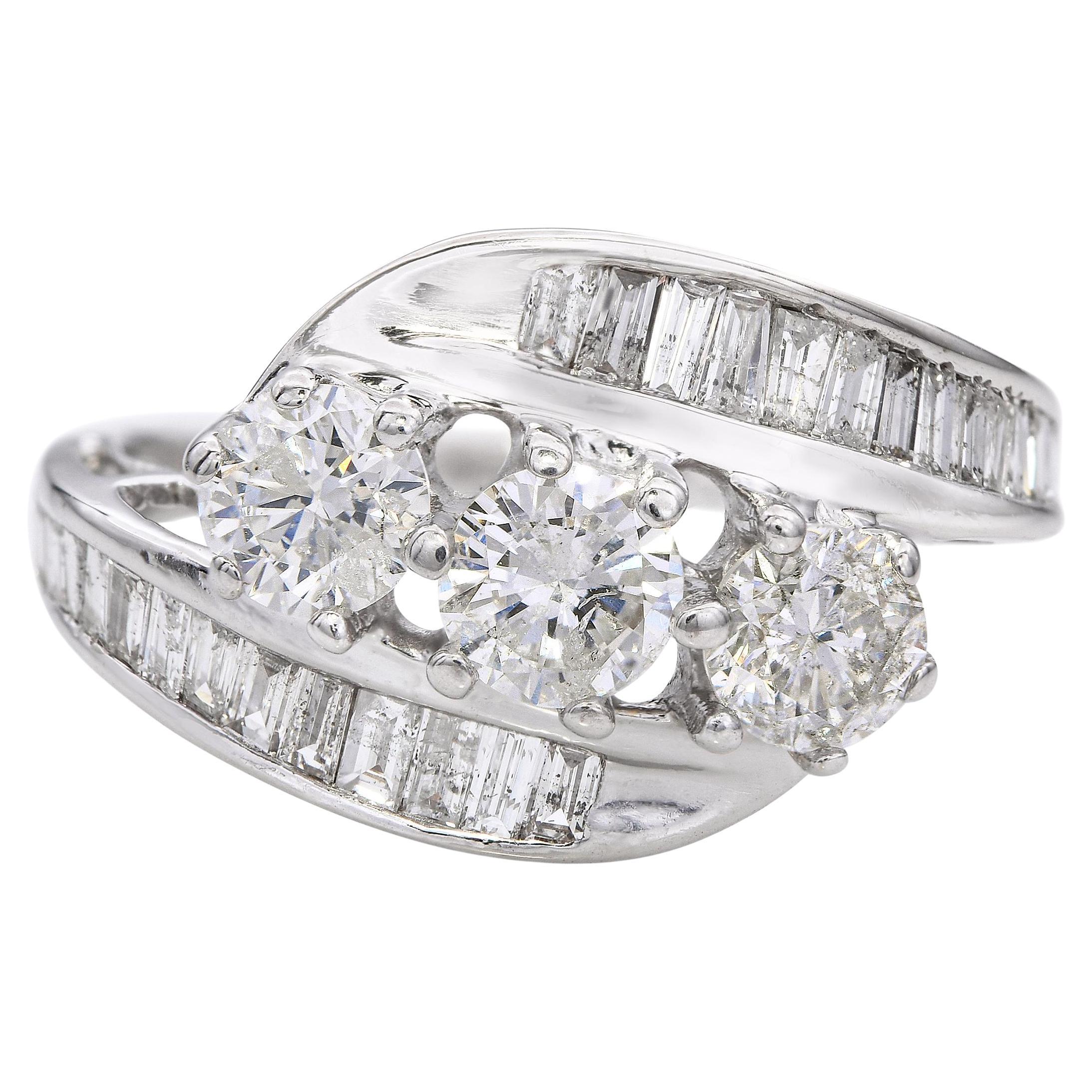 Vintage 14k White Gold 1.59tcw Diamond Three Stone Ring For Sale