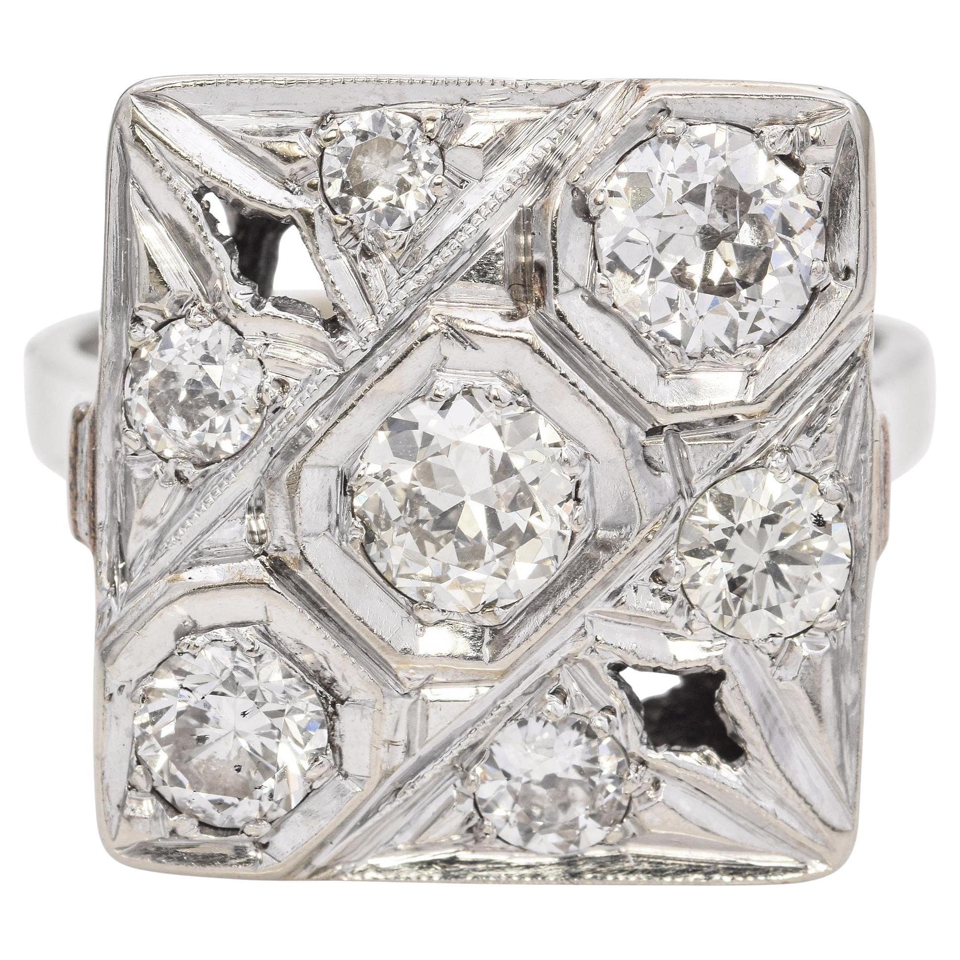 Vintage 14K White Gold 1.65tcw Old European Cut Diamond Ring
