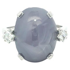 Vintage 14k White Gold 16.8ctw GIA Star Sapphire Carre Diamond Sides Ring