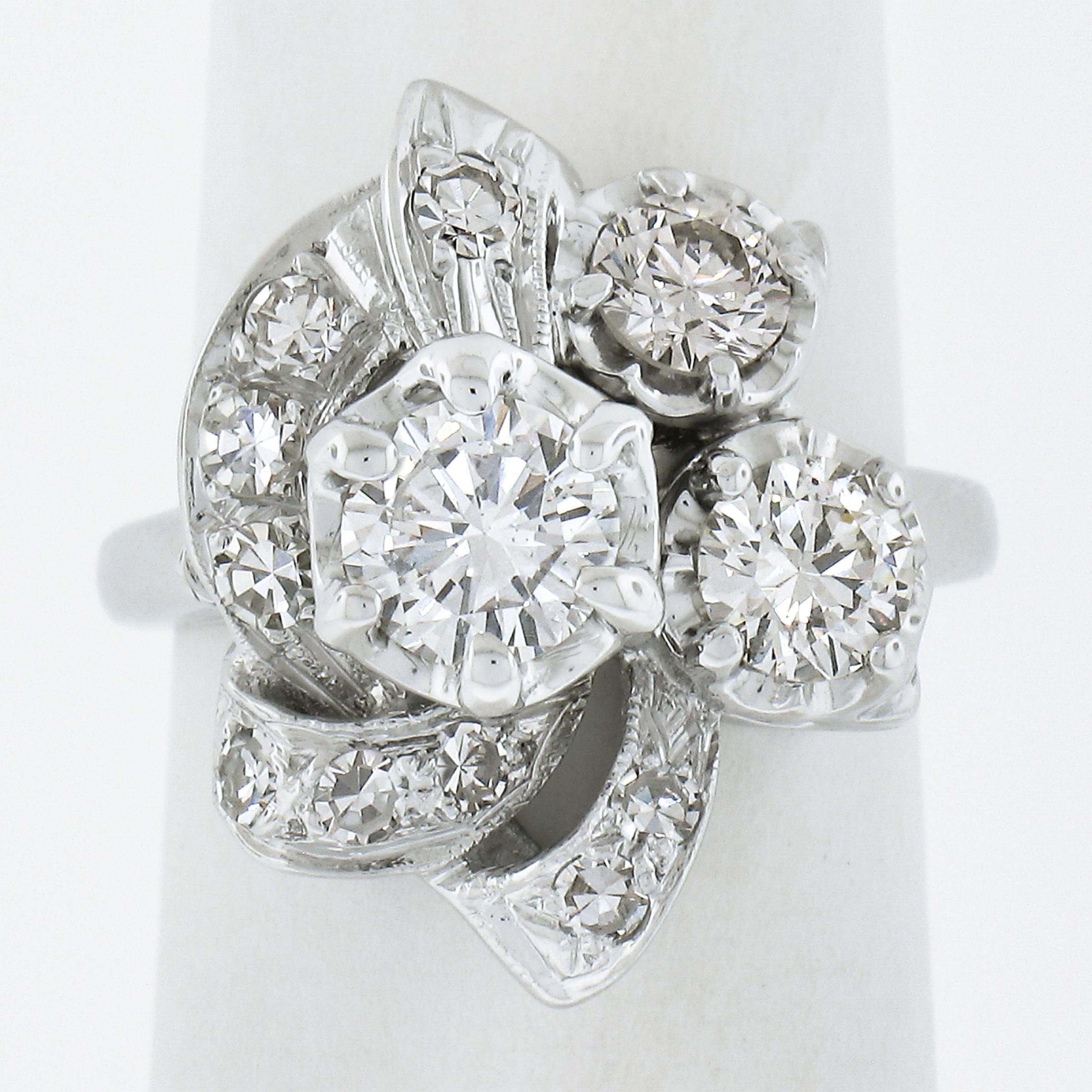 Round Cut Vintage 14K White Gold 1.75ctw Fiery Diamond Polished Floral Cocktail Ring
