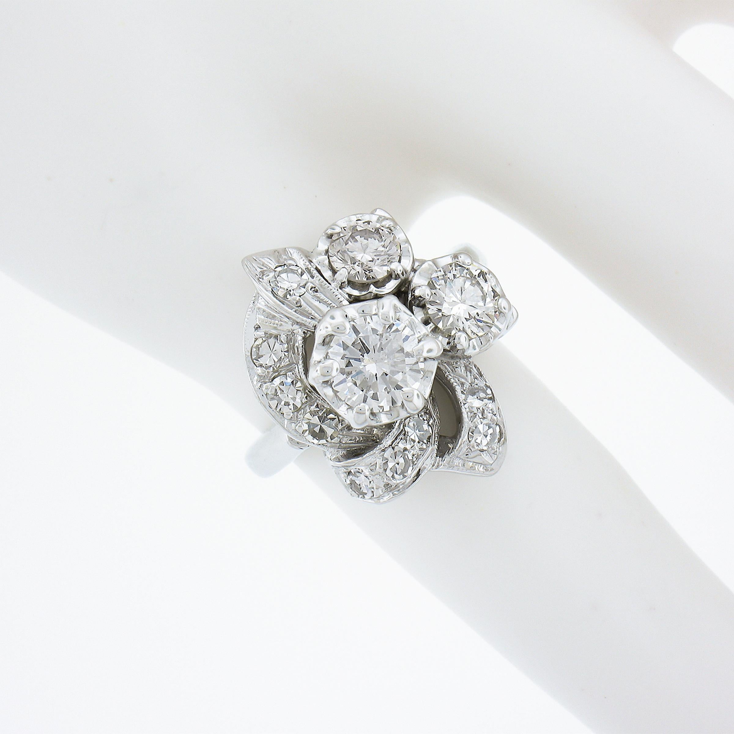 Vintage 14K White Gold 1.75ctw Fiery Diamond Polished Floral Cocktail Ring In Excellent Condition In Montclair, NJ