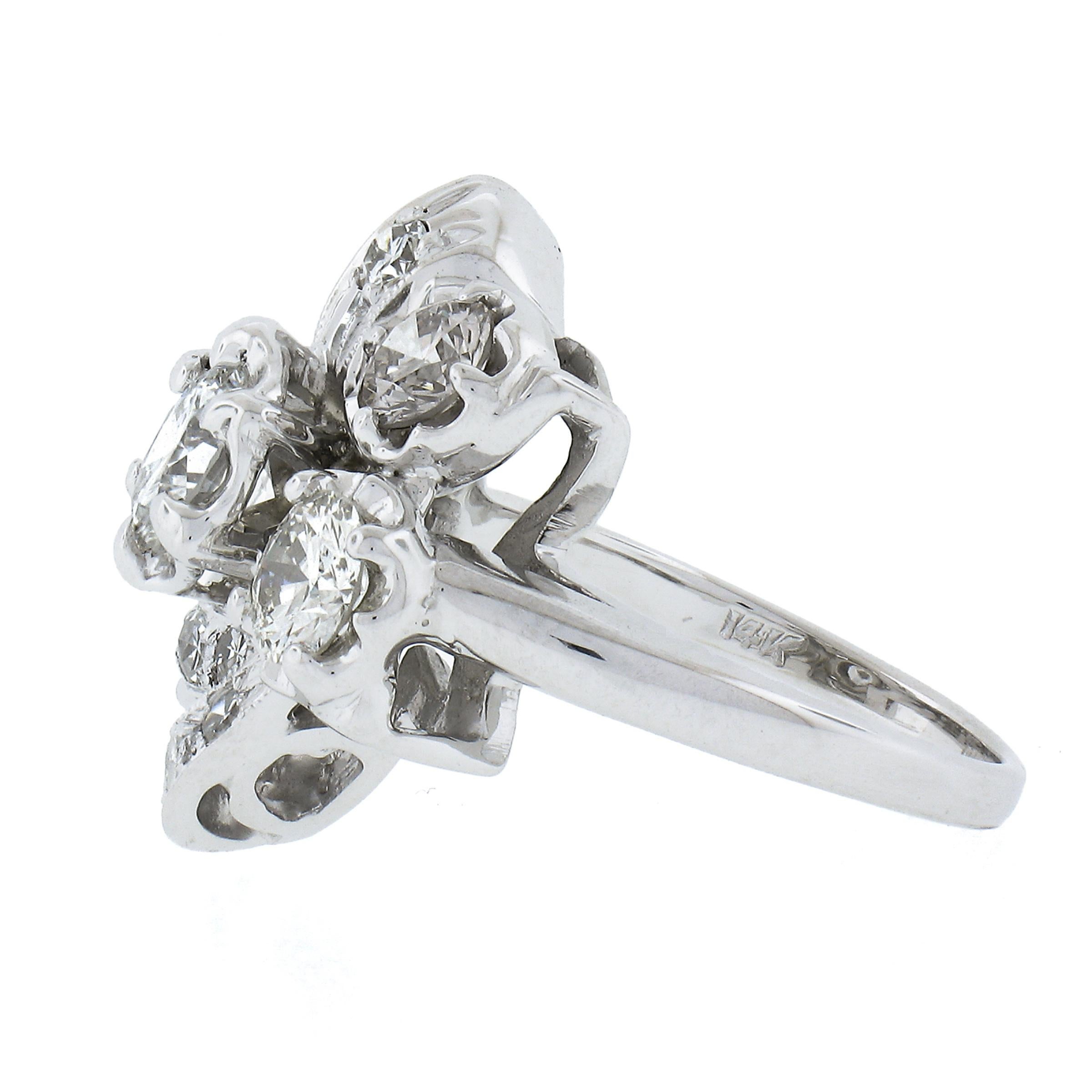 Vintage 14K White Gold 1.75ctw Fiery Diamond Polished Floral Cocktail Ring In Excellent Condition For Sale In Montclair, NJ