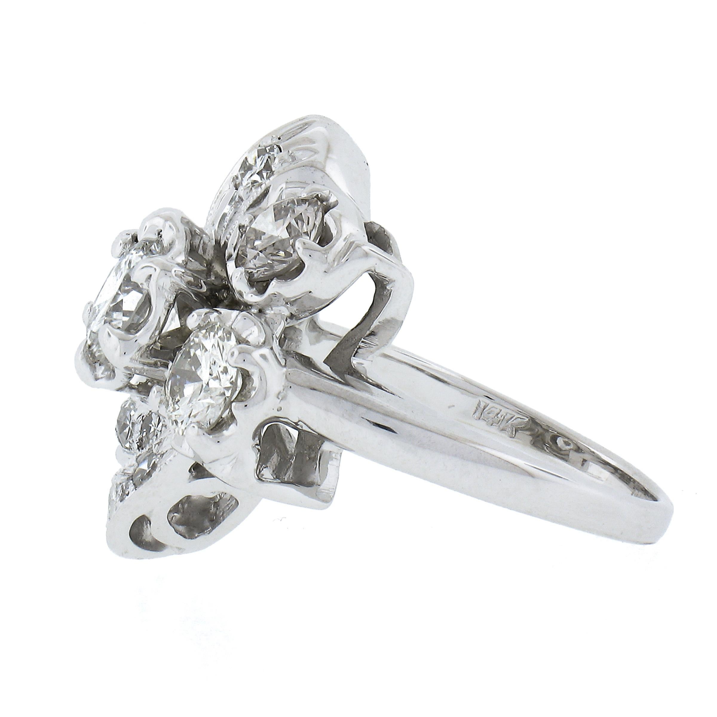 Women's Vintage 14K White Gold 1.75ctw Fiery Diamond Polished Floral Cocktail Ring