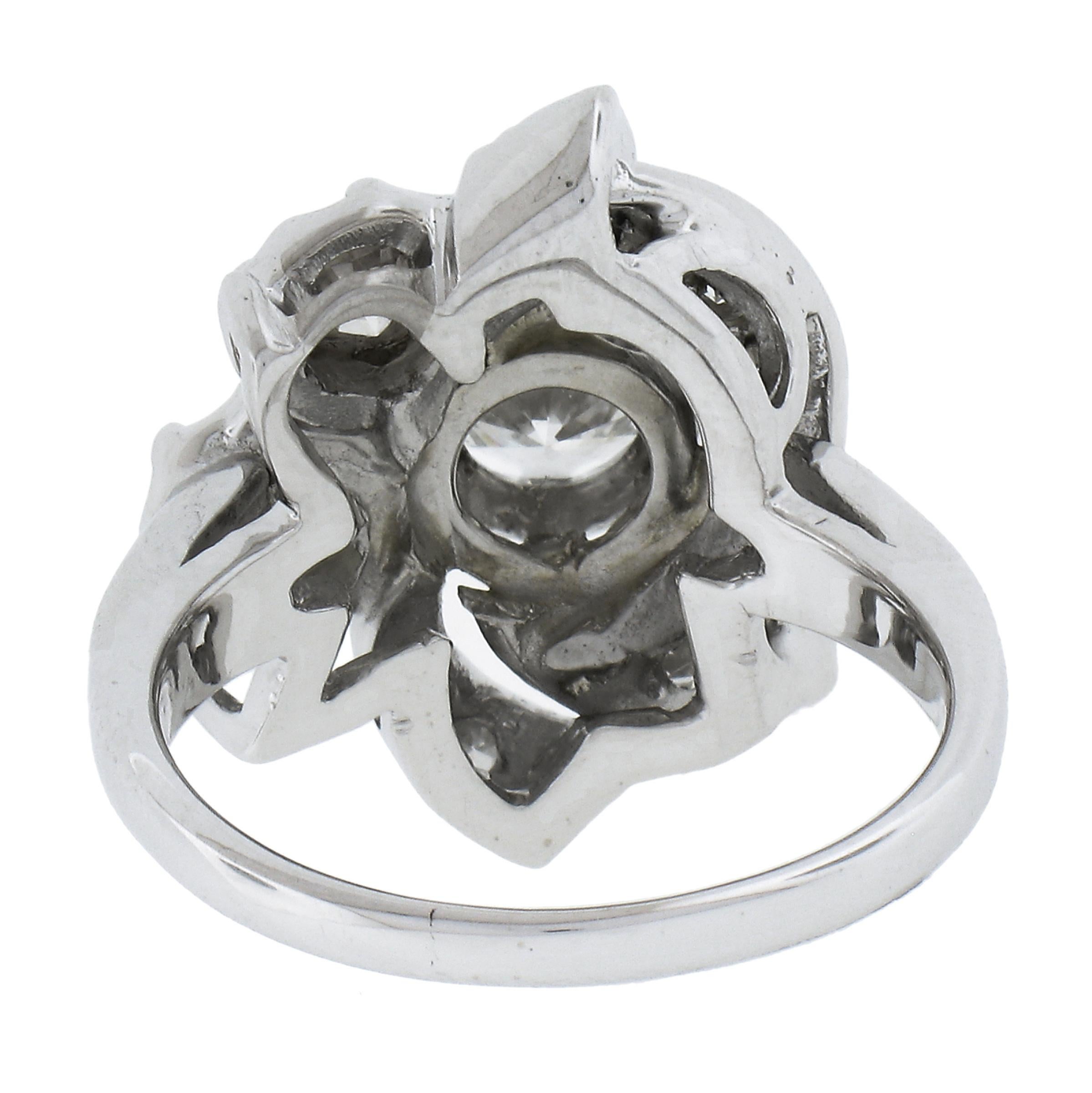 Vintage 14K White Gold 1.75ctw Fiery Diamond Polished Floral Cocktail Ring 1
