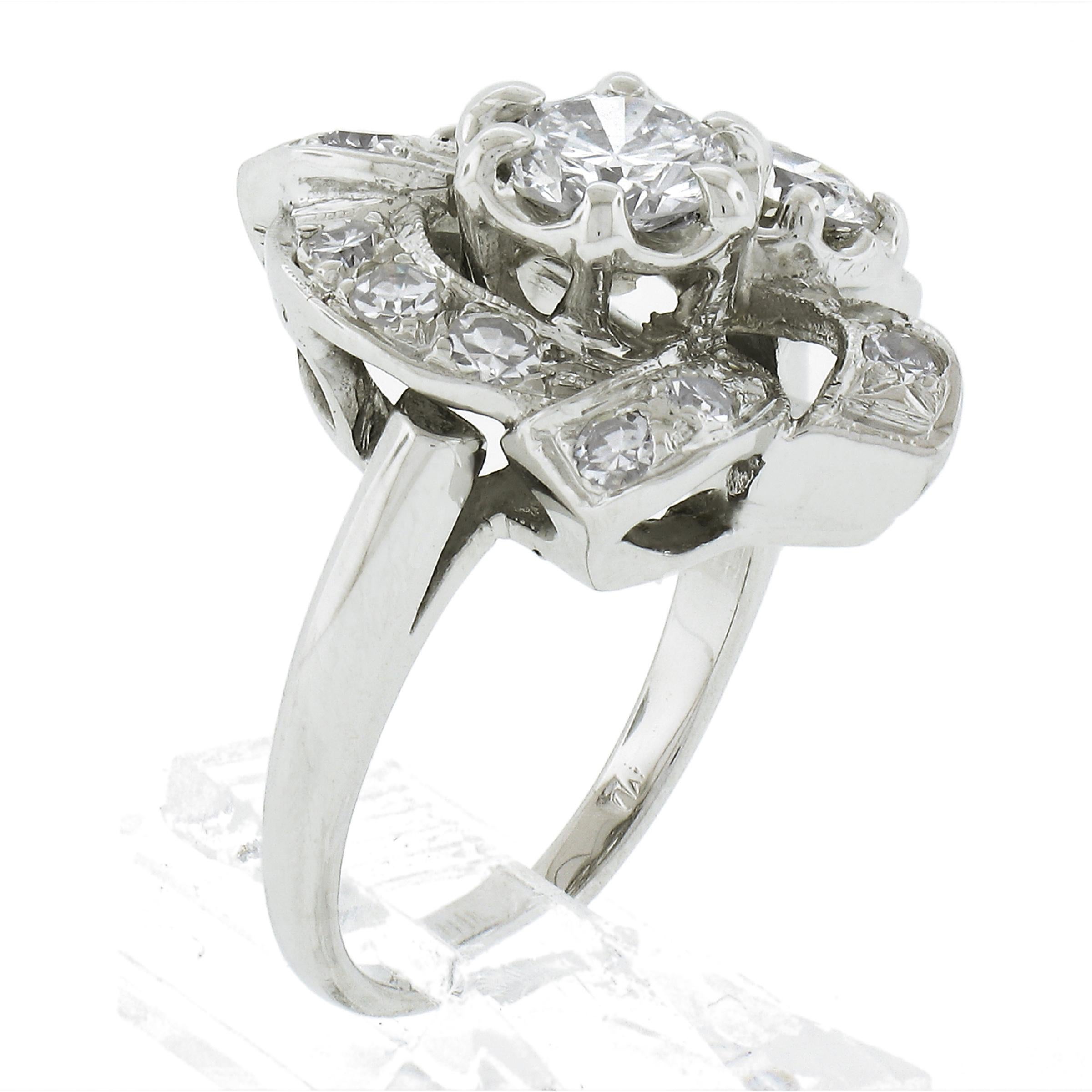 Vintage 14K White Gold 1.75ctw Fiery Diamond Polished Floral Cocktail Ring 2