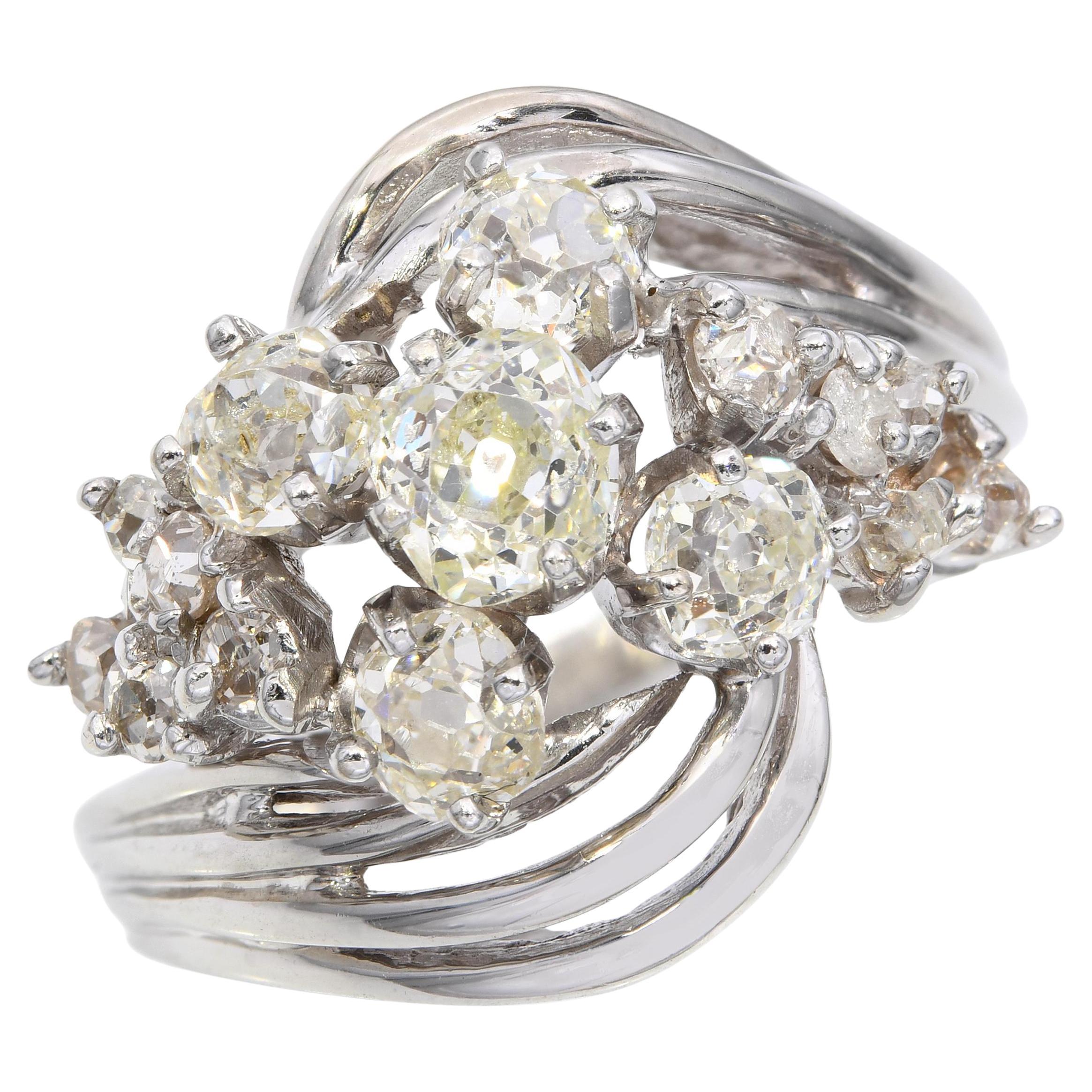 Vintage 14k White Gold 1.83tcw Old Mine Cut Diamond Cluster Ring For Sale
