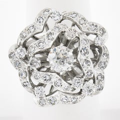 Vintage 14k White Gold 2.27ctw Old European Diamond Large Flower Cocktail Ring