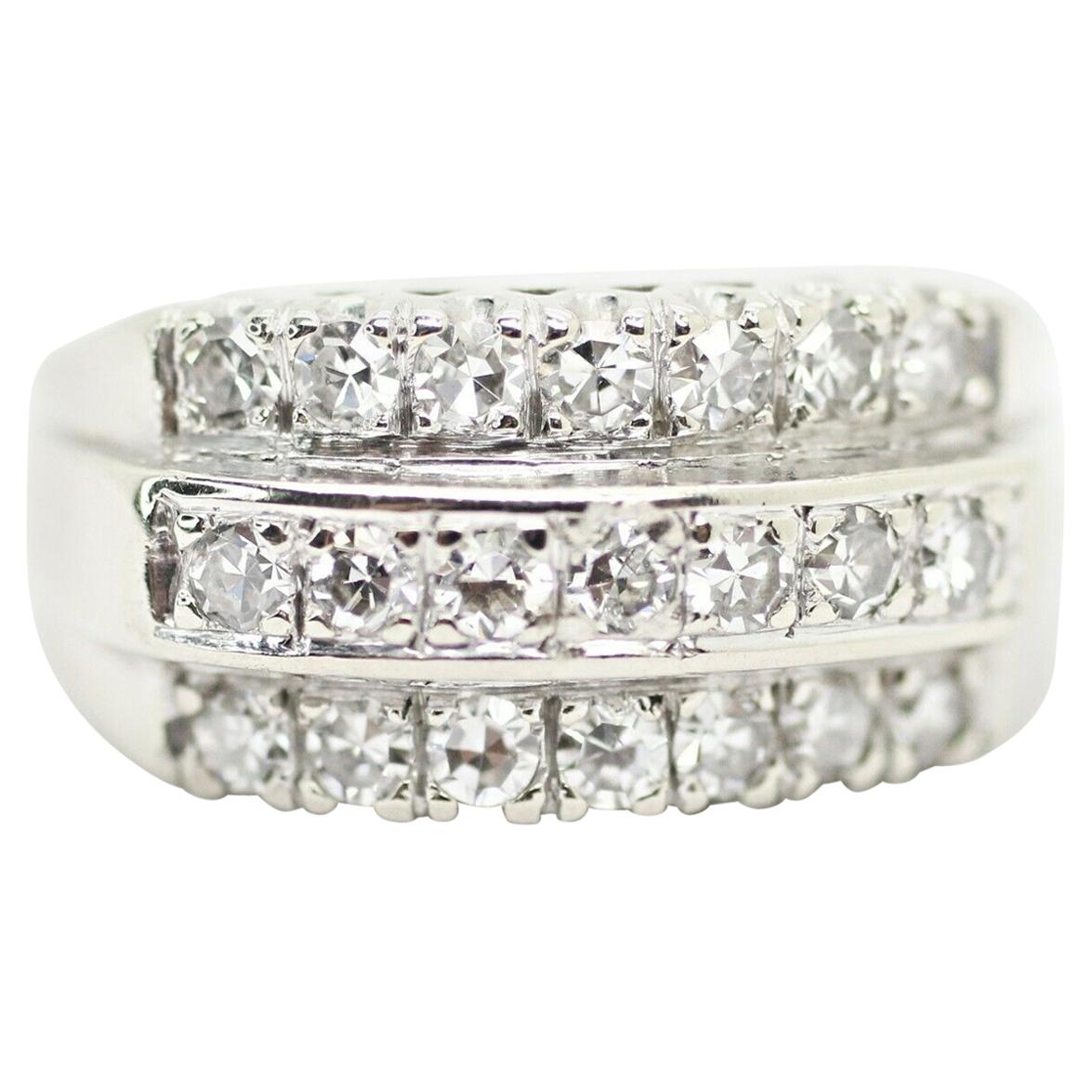 Vintage 14k White Gold 3 Row Diamond Ring For Sale