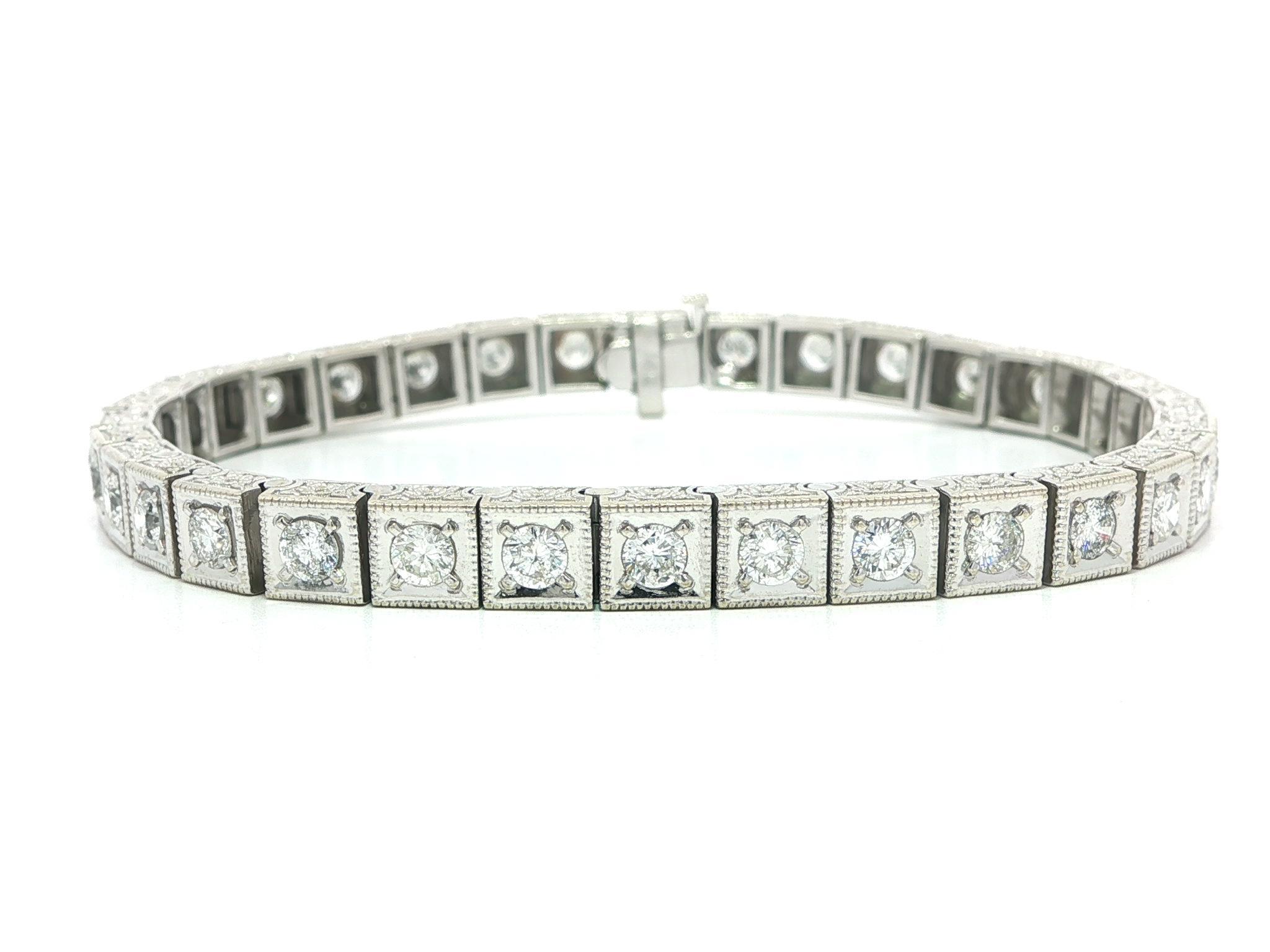 Vintage 14k White Gold 3.1ctw Diamond Milgrain Square Link Line Tennis Bracelet For Sale