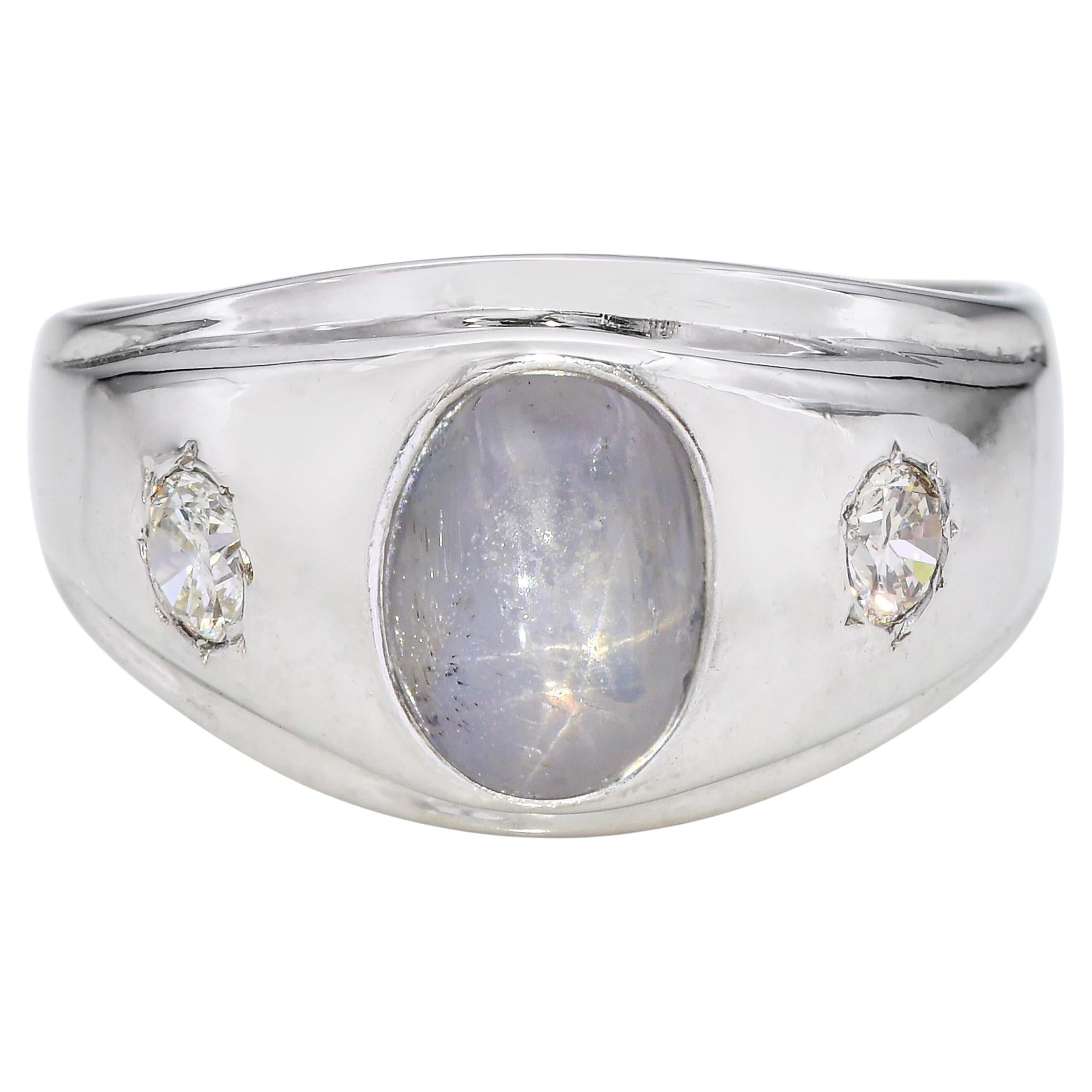 Vintage 14k White Gold 3.52ct Star Sapphire and 0.51tcw Diamond Men's Ring