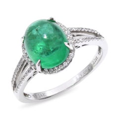 Vintage 14k White Gold 3.75ct Emerald Cabochon and 0.22tcw Diamond Ring
