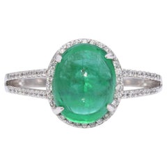 Vintage 14k White Gold 3.75ct Emerald Cabochon and 0.22tcw Diamond Ring
