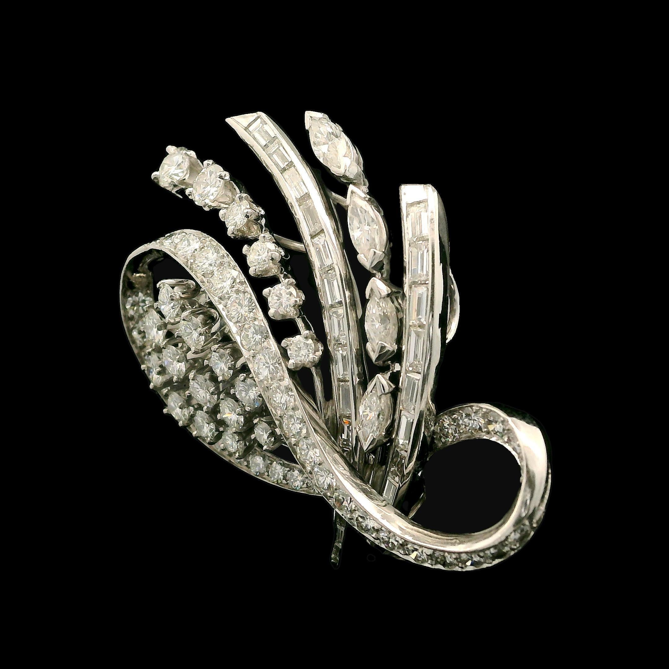 Vintage 14k White Gold 3.75ctw High Quality Diamond Open Floral Pin Brooch In Excellent Condition For Sale In Montclair, NJ