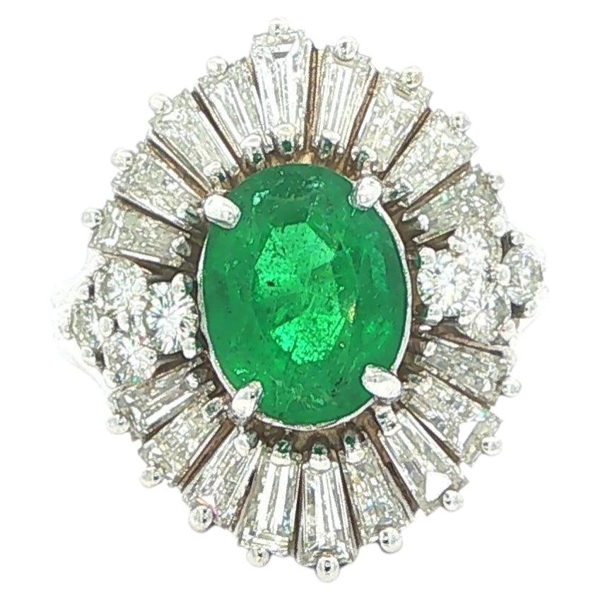 Vintage 14k White Gold 3.87ctw GIA Oval Emerald Baguette Ballerina Diamond Ring
