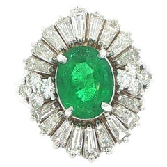 Vintage 14k White Gold 3.87ctw GIA Oval Emerald Baguette Ballerina Diamond Ring