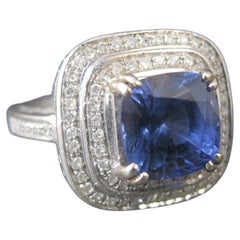 Vintage 14K White Gold 3ct Cushion Cut Sapphire Diamond Ring, Size 6