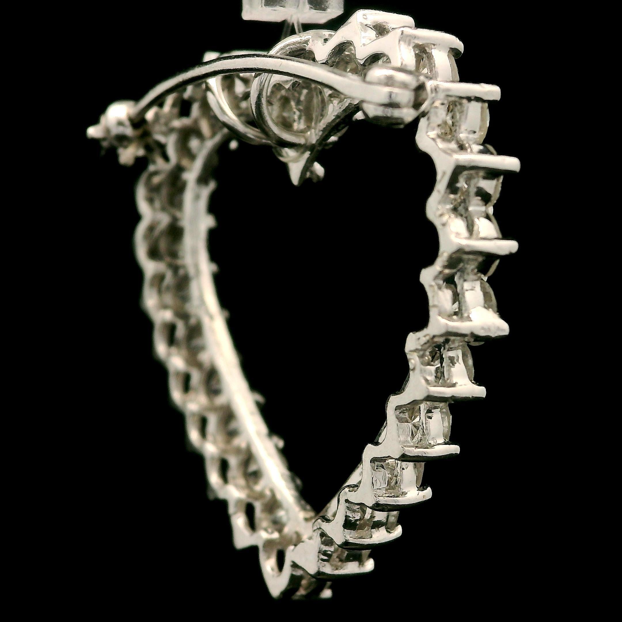 Round Cut Vintage 14k White Gold 3ctw Large Diamond Open Heart Pin Brooch Pendant