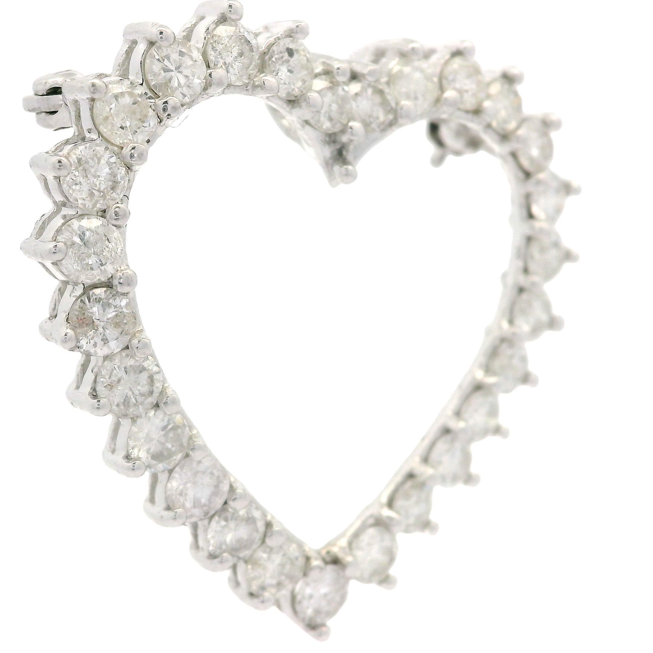 Women's Vintage 14k White Gold 3ctw Large Diamond Open Heart Pin Brooch Pendant