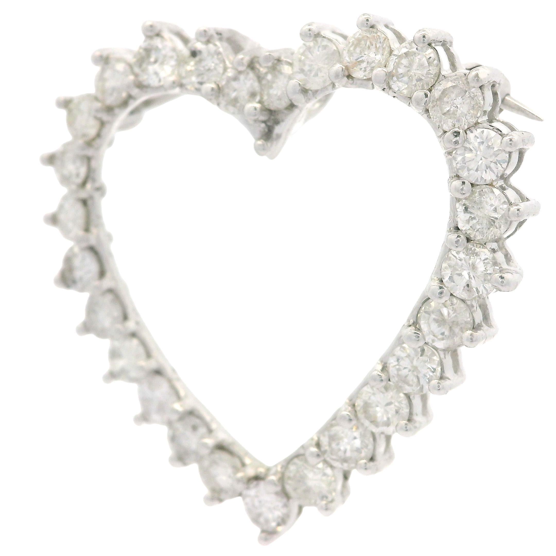 Vintage 14k White Gold 3ctw Large Diamond Open Heart Pin Brooch Pendant 1