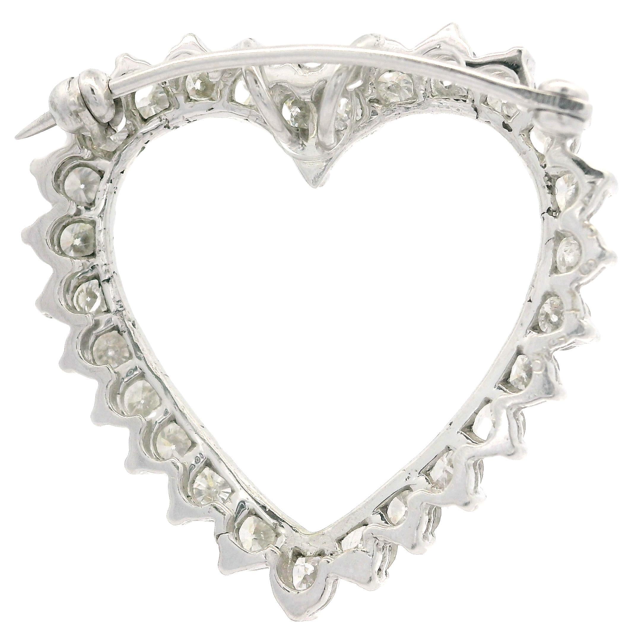 Vintage 14k White Gold 3ctw Large Diamond Open Heart Pin Brooch Pendant 2