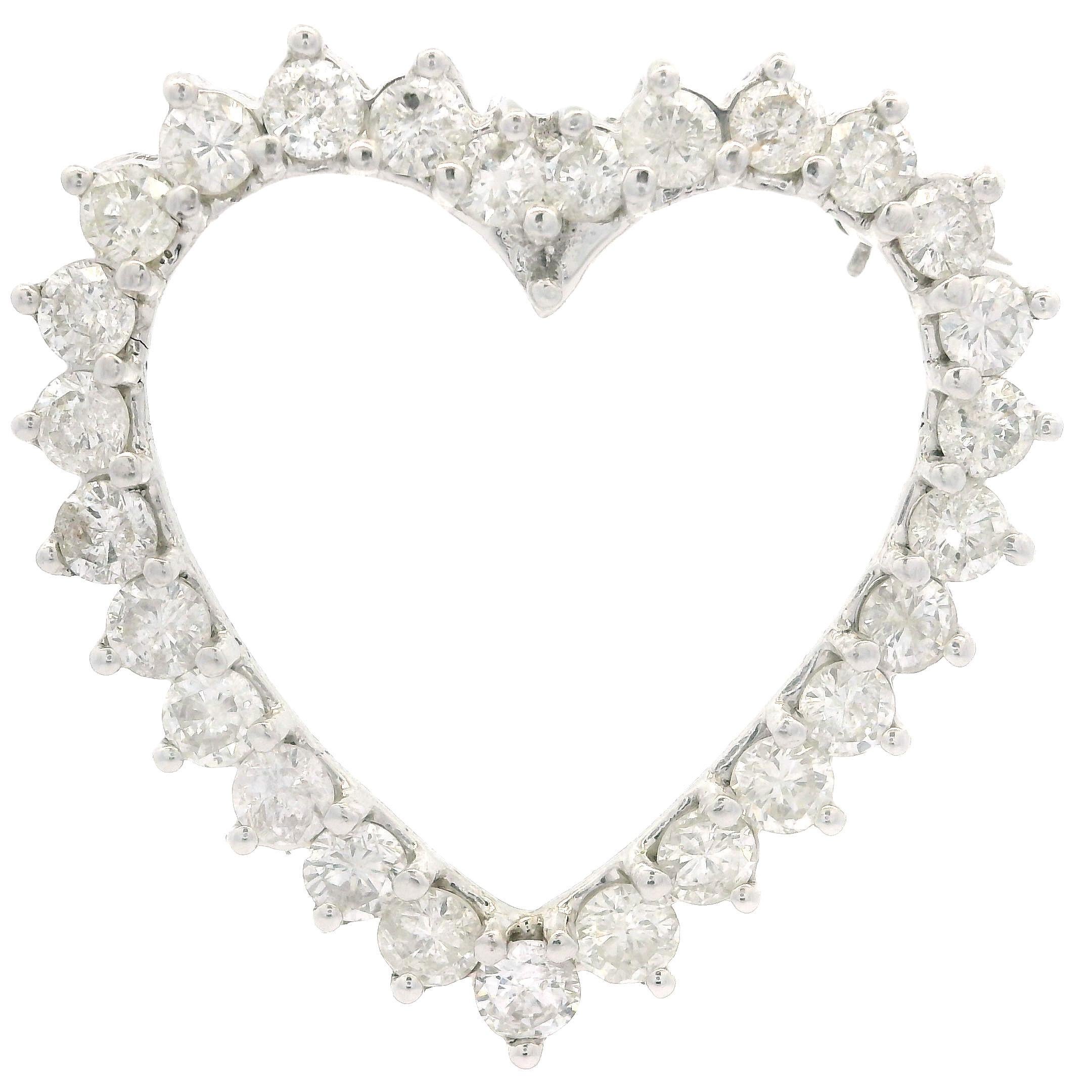 Vintage 14k White Gold 3ctw Large Diamond Open Heart Pin Brooch Pendant 3