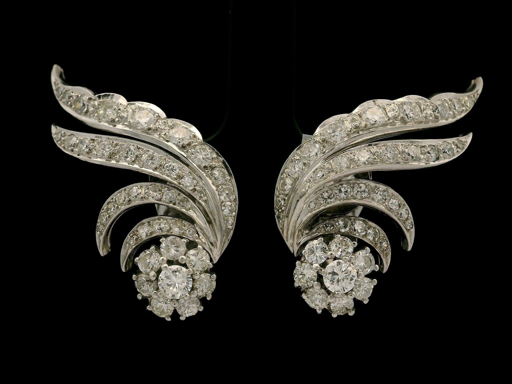 Stone(s):
(84) Natural Genuine Diamonds- Round Brilliant & Single Cut - Prong & Pave Set - F-I Color - VS2-SI2 Clarity - 2.7-3ctw (approx.)
Total Carat Weight: 2.7-3 (approx.)

Material: Solid 14K White Gold
Weight: 11.36 Grams
Backing: Posts w/