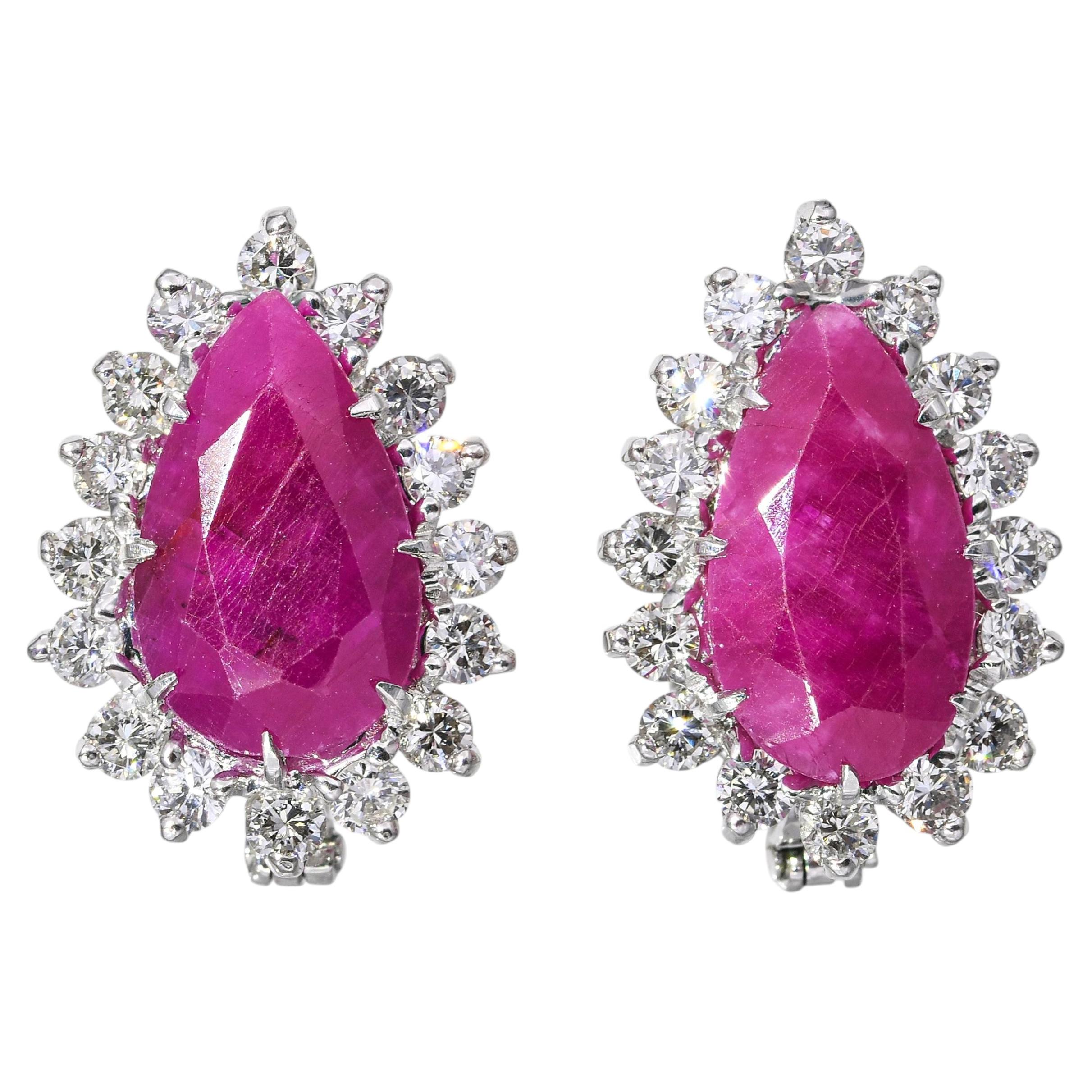 Vintage 14k White Gold 4.01tcw Ruby & 0.96tcw Diamond Halo Earrings For Sale