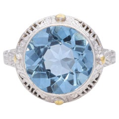 Antique 14k White Gold 4.25ct Aquamarine Filigree Cocktail Ring